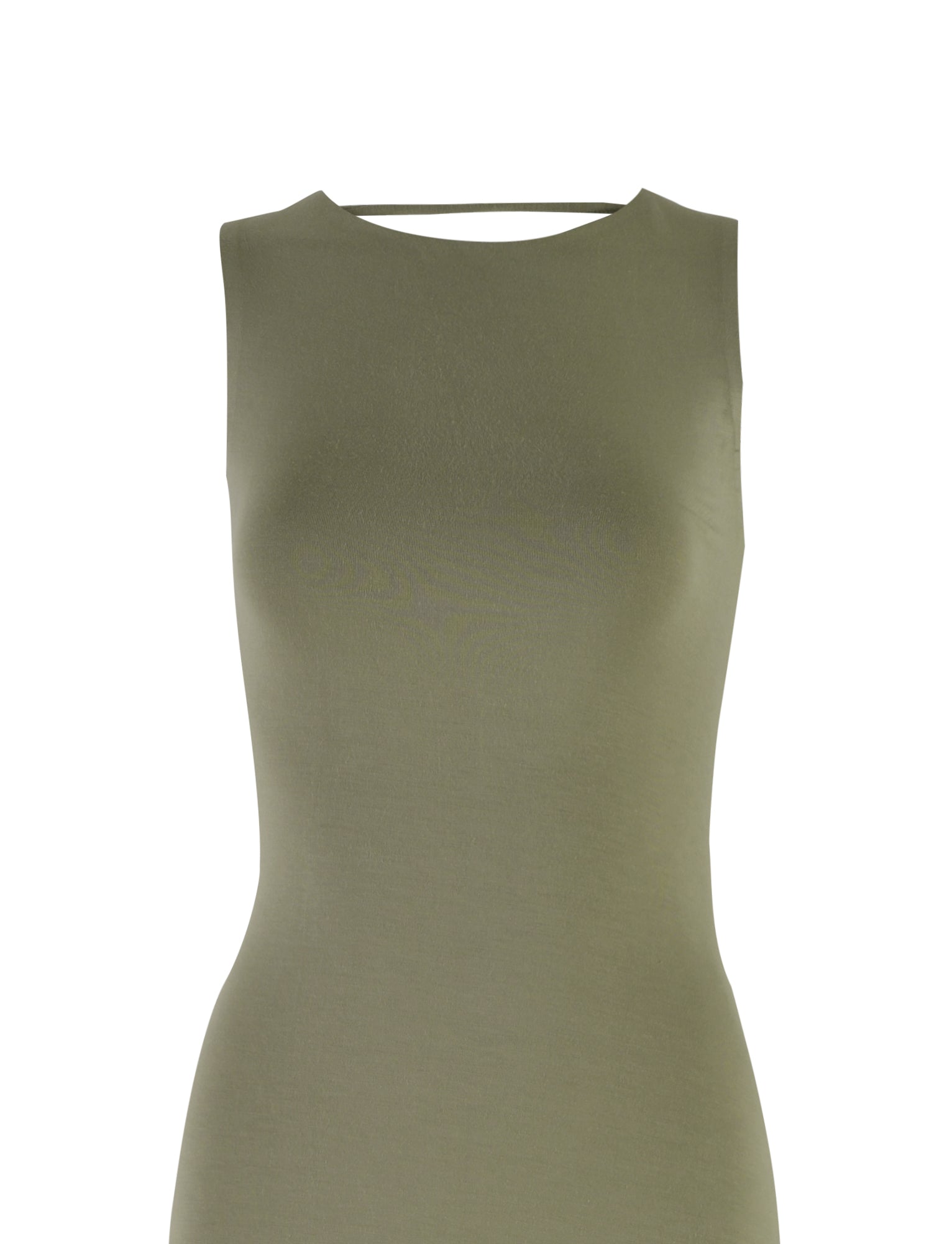 The ZAHRAA DRESS - GREEN : MOSS GREEN by TIGERMIST features a high neckline and fitted silhouette, embodying the brand's signature style. This olive green sleeveless dress is both simple and elegant, extending below the torso in the image. Perfect for casual or semi-formal occasions, it stands out beautifully against a white background.