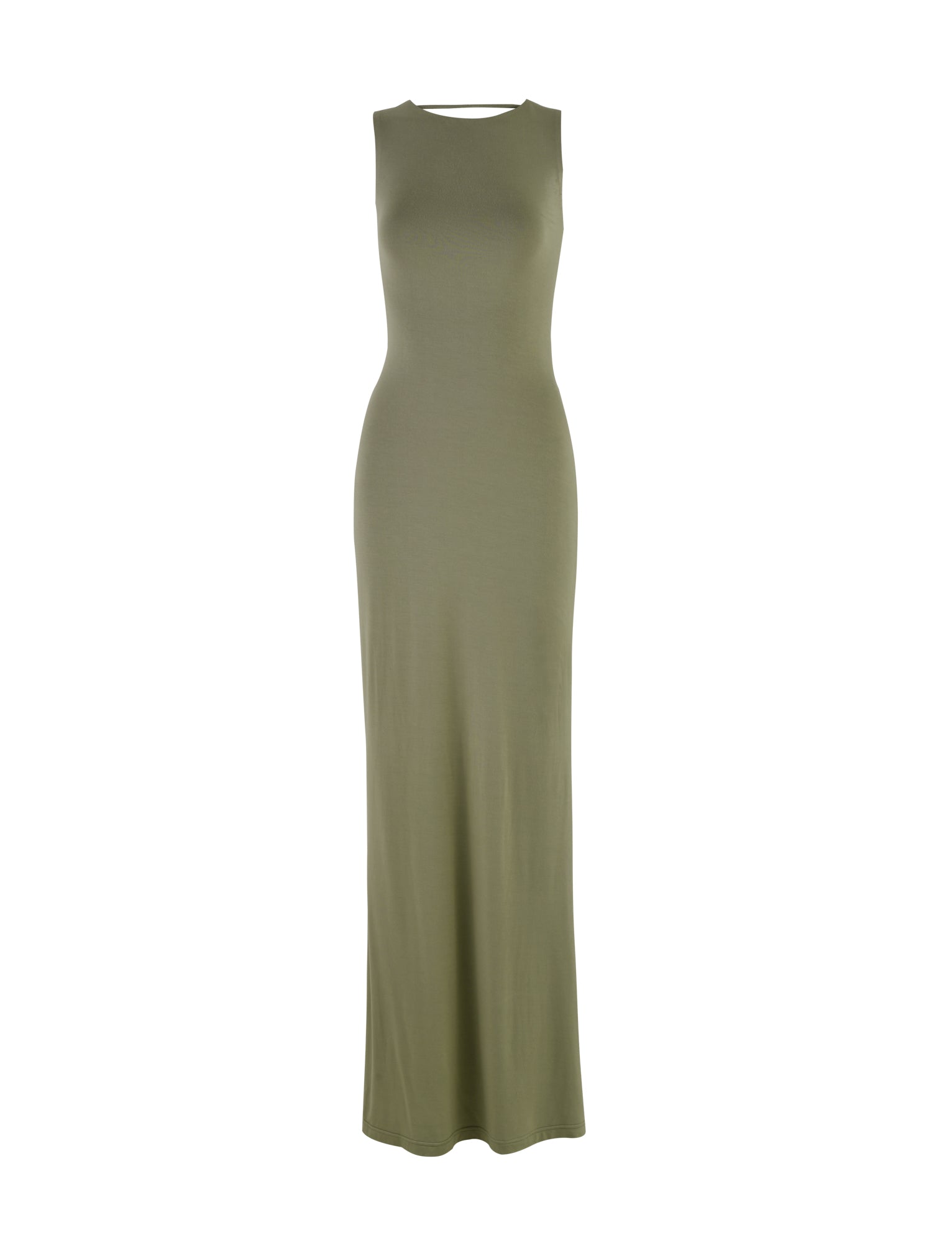 A long, sleeveless dress in moss green from TIGERMIST, named ZAHRAA DRESS - GREEN, featuring a high neckline, fitted bodice, and flowing skirt. The dress is displayed against a plain white background, highlighting its simple and elegant design.