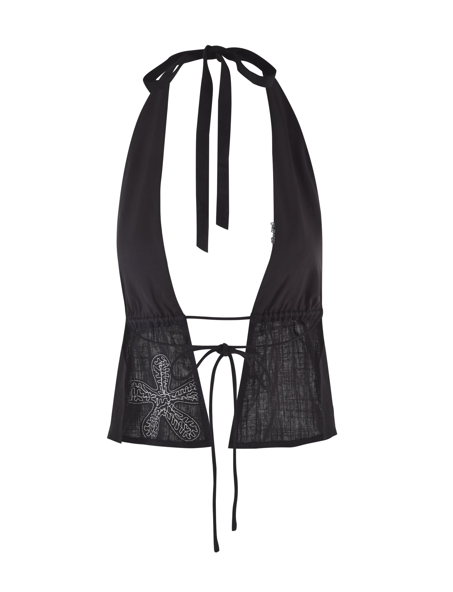 The TIGERMIST MAISHA TOP in black is a halter-neck design featuring a deep V-neckline and back-tied straps. It includes an embroidered starfish on one side and a sheer fabric insert below the bust, complemented by adjustable waist ties for a perfect fit.