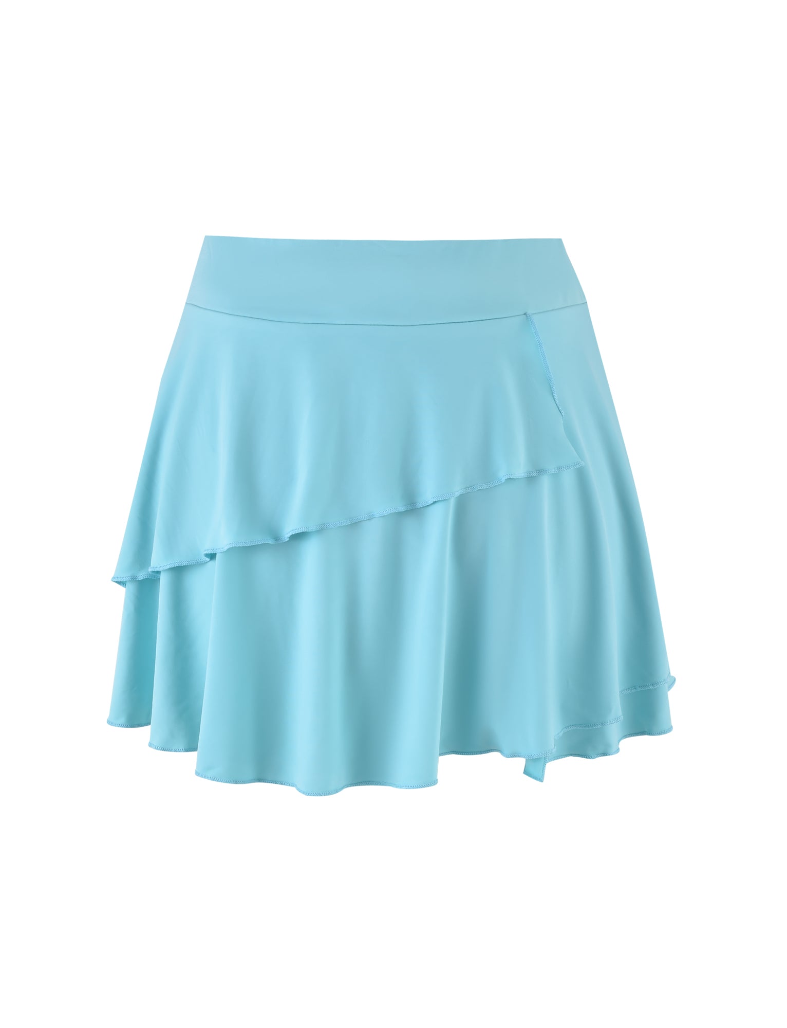 The VERANIQUE SKIRT - BLUE by TIGERMIST is a light blue, high-waisted mini skirt featuring asymmetrical, layered ruffles. Its flowy and feminine design offers a casual yet elegant appearance.