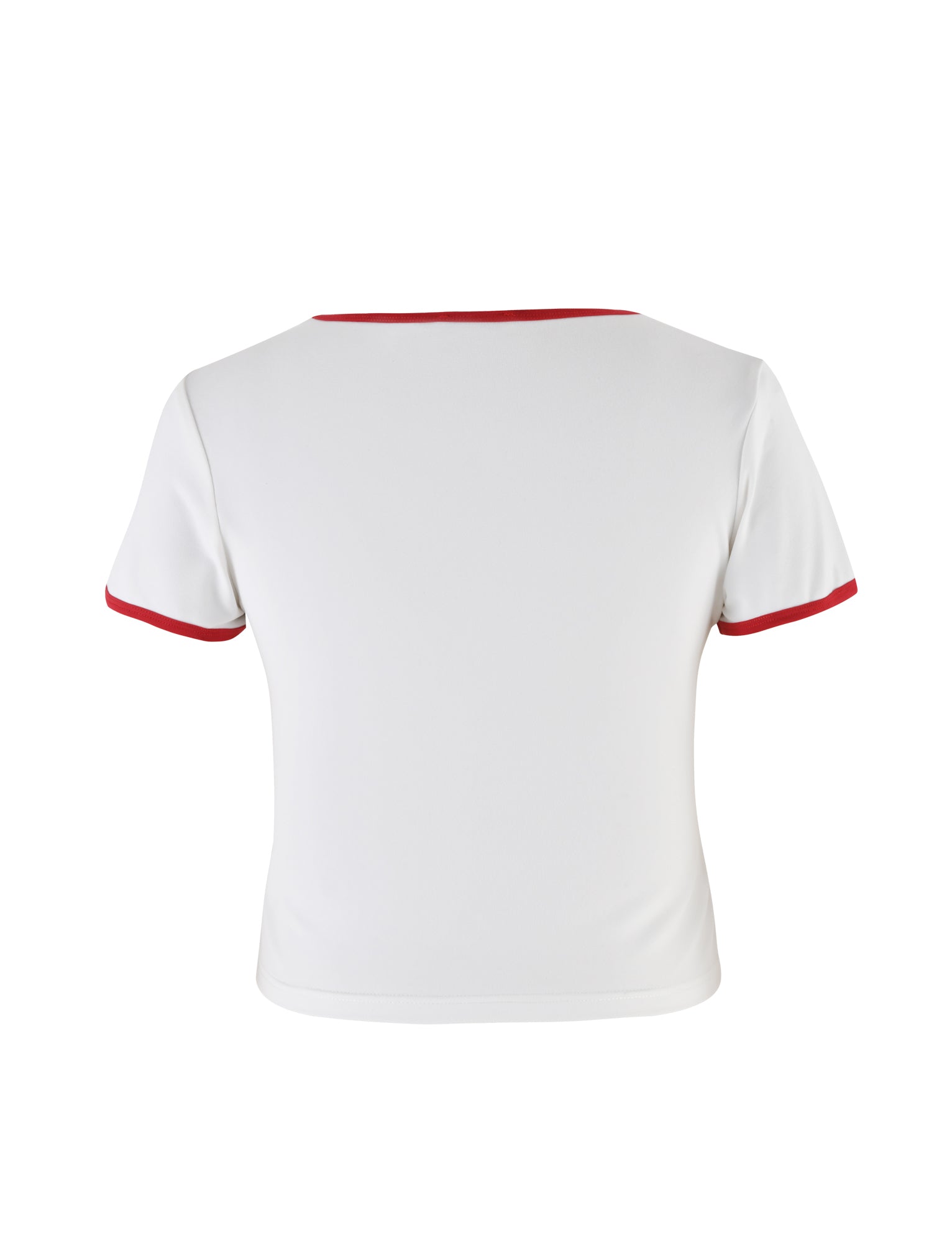 A white short-sleeve SIOBHAN T-SHIRT - WHITE by TIGERMIST featuring red trim around the collar and sleeve ends. The shirt is displayed on a plain white background and is shown from the back.