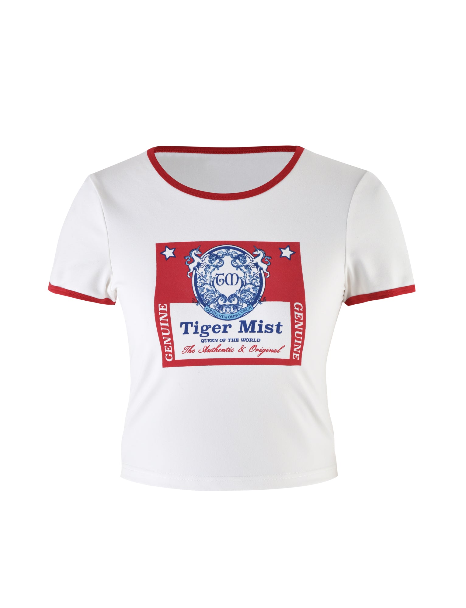 The SIOBHAN T-SHIRT - WHITE by TIGERMIST is a stylish short-sleeve t-shirt featuring red trim on the neckline and sleeves. Its front showcases a prominent blue and red graphic reading "TIGERMIST" along with detailed text, adorned with two tigers and a crest design.