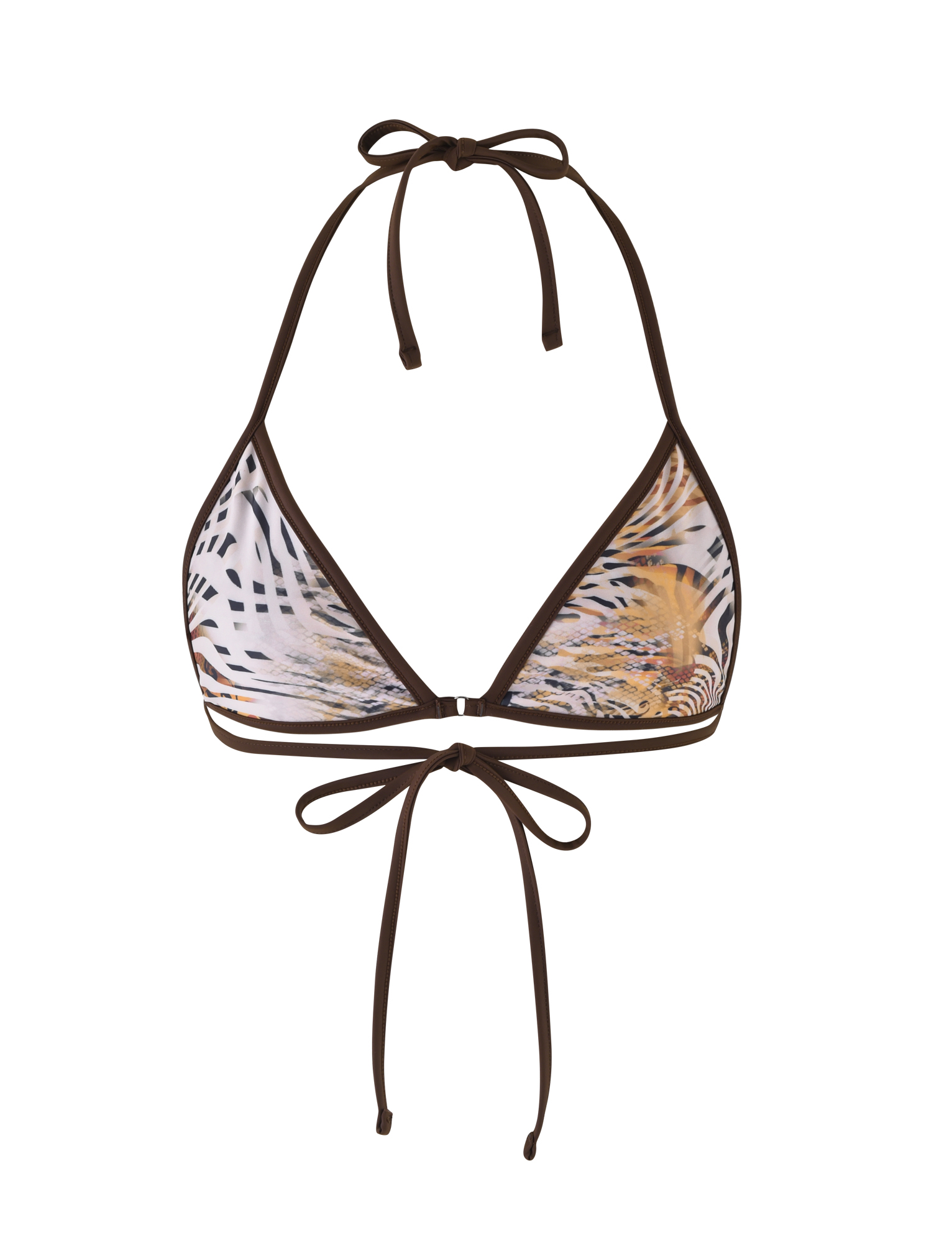 The TIGERMIST DIANA BIKINI TOP - NEUTRAL : ANIMAL : ANIMAL MARBLE features a triangle design with brown animal print, brown trim, and thin straps that tie at the neck and back. Halter style, shown on a white background.