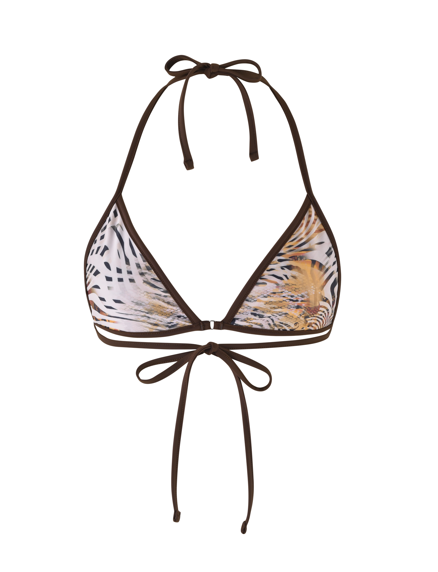 The DIANA BIKINI TOP - MULTI: LEOPARD: ORANGE LEOPARD by TIGERMIST is a brown halter-neck bikini top with a white, black, yellow, and orange abstract animal print and adjustable neck and back ties for a flattering fit.
