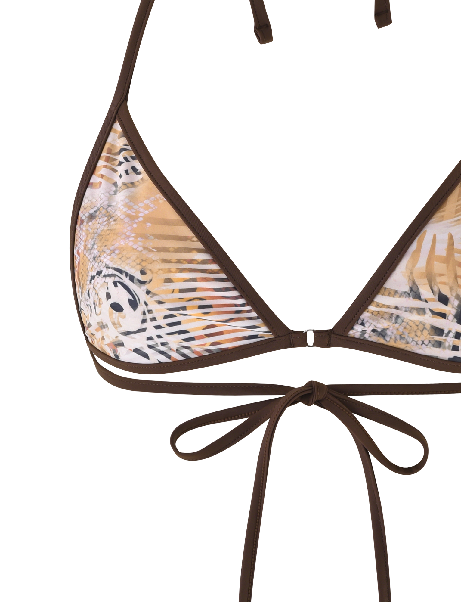 A close-up of the TIGERMIST DIANA BIKINI TOP in Multi Orange Leopard, featuring a halter style with brown straps and a multicolored abstract leopard pattern. This triangle bikini top ties at the front with a bow.