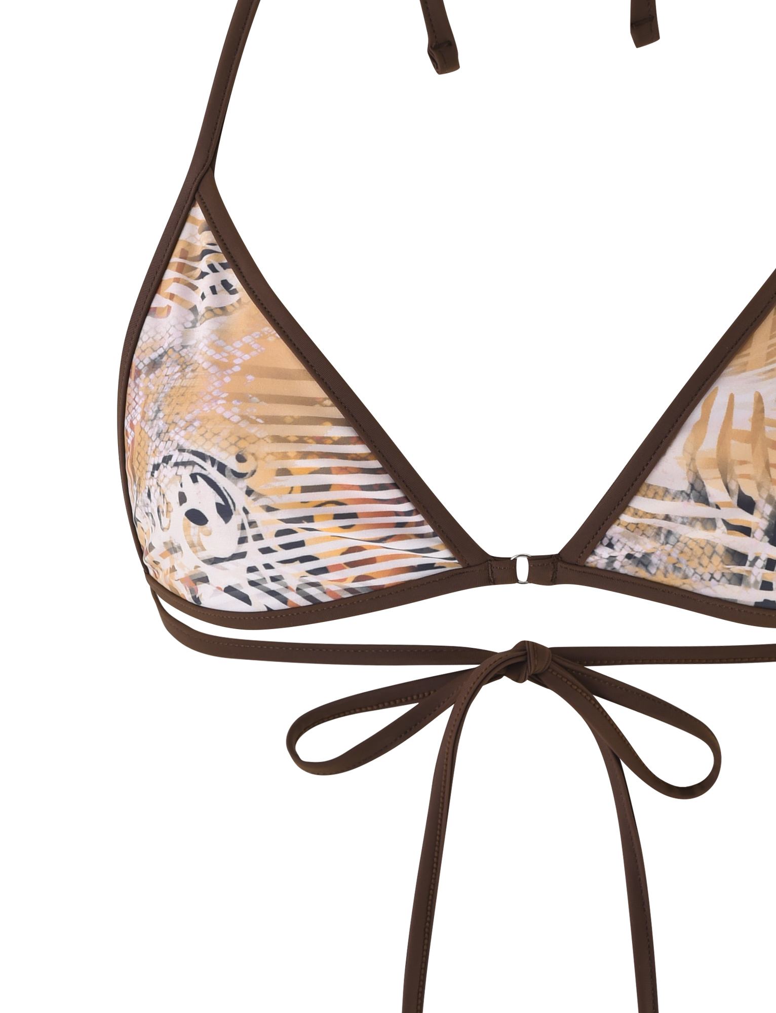 Close-up of the TIGERMIST DIANA BIKINI TOP in Neutral Animal Marble, featuring brown straps, an abstract animal print in beige, brown, black, and white, and a front-tied bow.