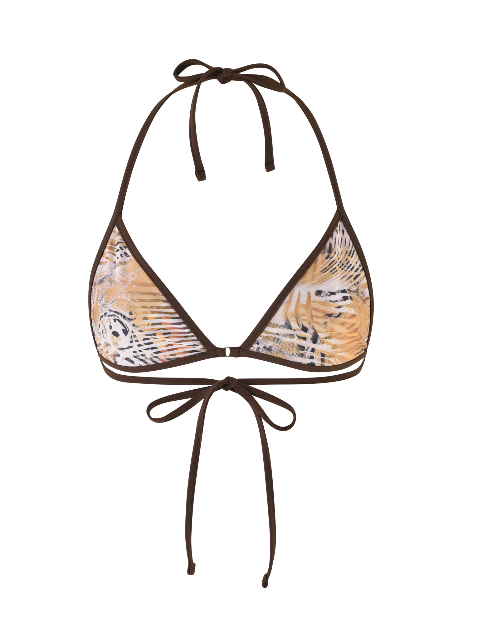 The DIANA BIKINI TOP - MULTI by TIGERMIST is a chic halter-neck style featuring tie closures and bold orange leopard print for a trendy update on the classic triangle bikini top.