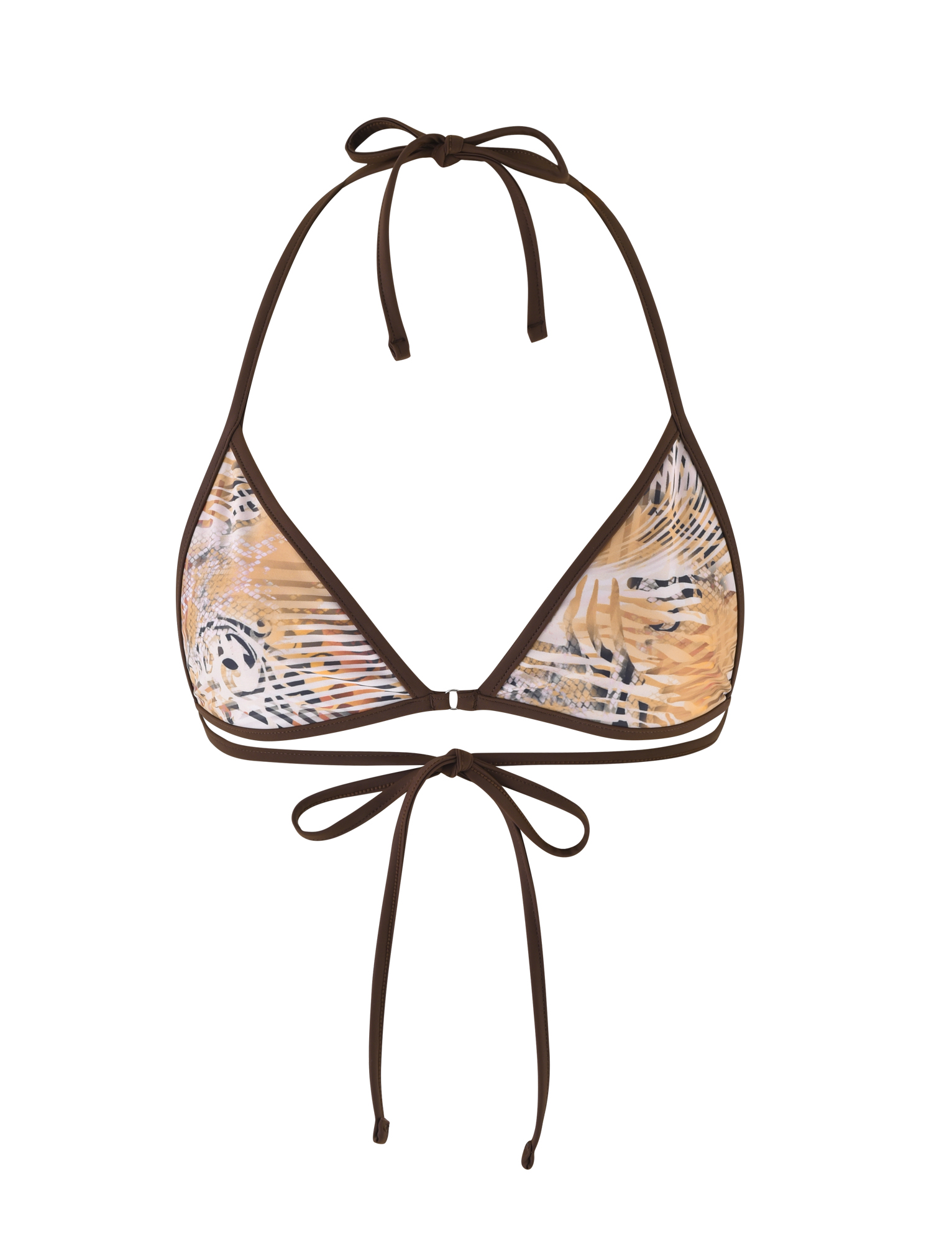 The DIANA BIKINI TOP by TIGERMIST features a brown and beige animal marble pattern with halter neck and back tie straps, blending abstract and animal print designs for a striking look.