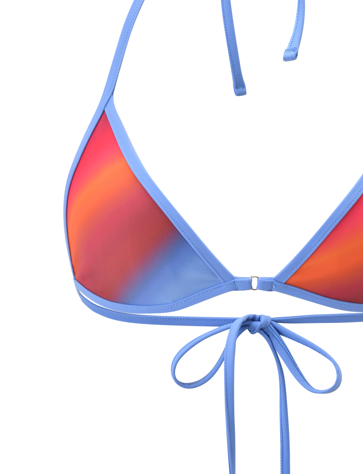 A close-up of the TIGERMIST DIANA BIKINI TOP - CIELO OMBRE, a halter style with blue straps and a vibrant orange, red, and purple ombre stripe pattern, tied with a bow at the bottom.