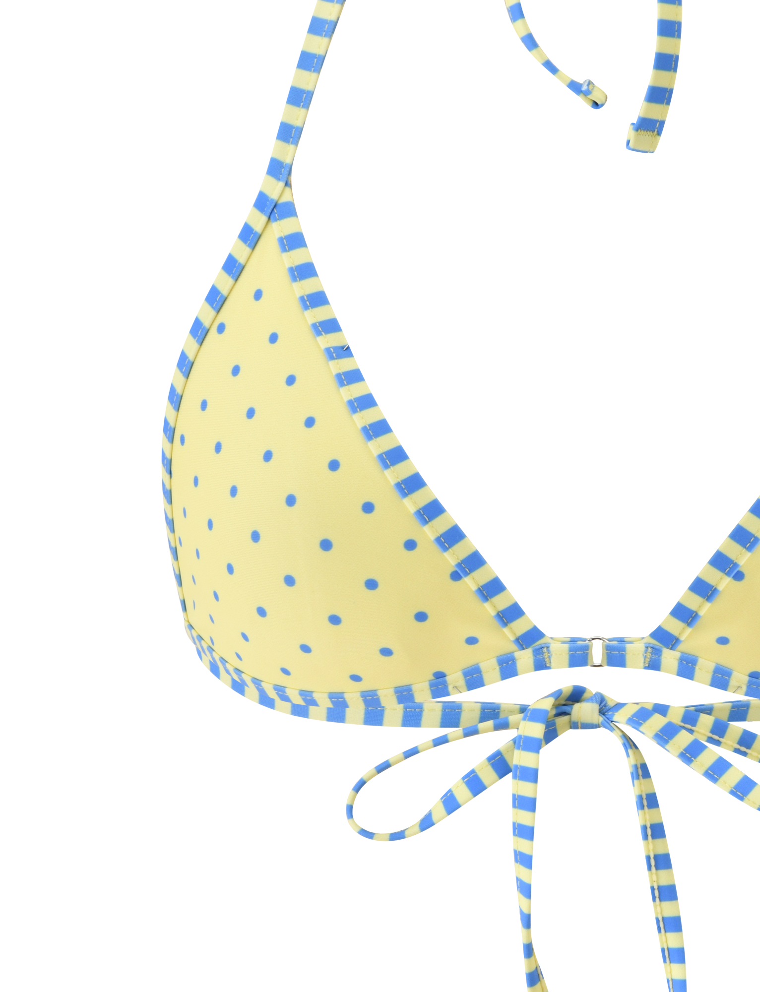TIGERMIST DIANA BIKINI TOP - LEMON AND BLUEBERRY SPOT: playful halter style with yellow and blue polka dots, striped trim, halter neck strap, and tie front closure. Displayed on a plain white background.