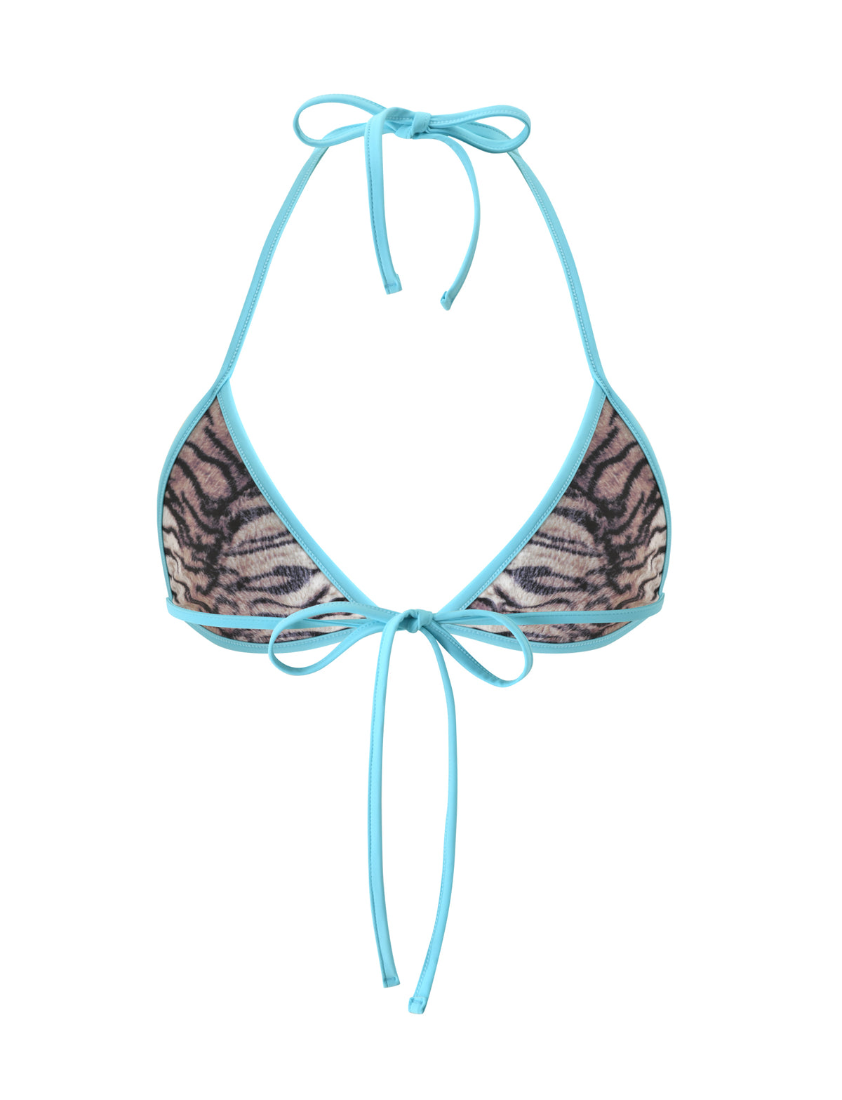 DIANA BIKINI TOP - NEUTRAL TIGER triangle bikini top in a brown and black ombre tiger stripe print with light blue trim and ties.