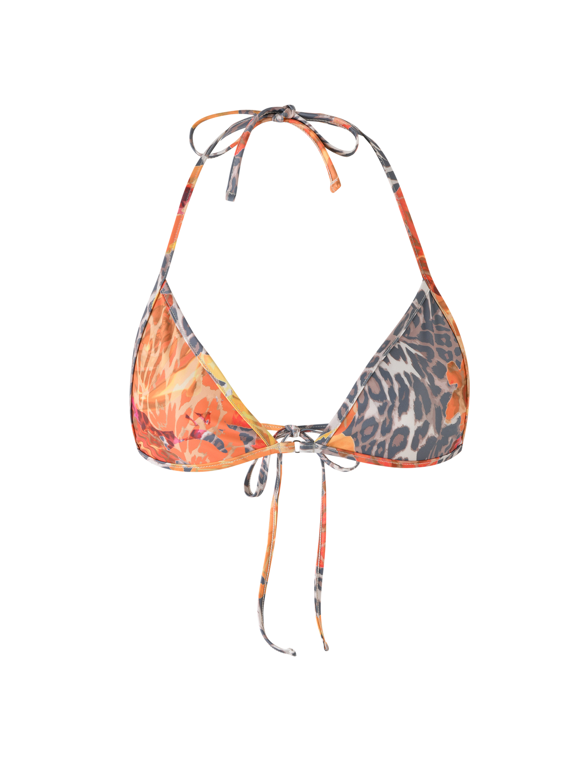 The TIGERMIST DIANA BIKINI TOP in orange leopard print features a multi-color triangle style with halter neck and back ties, shown on a white background.