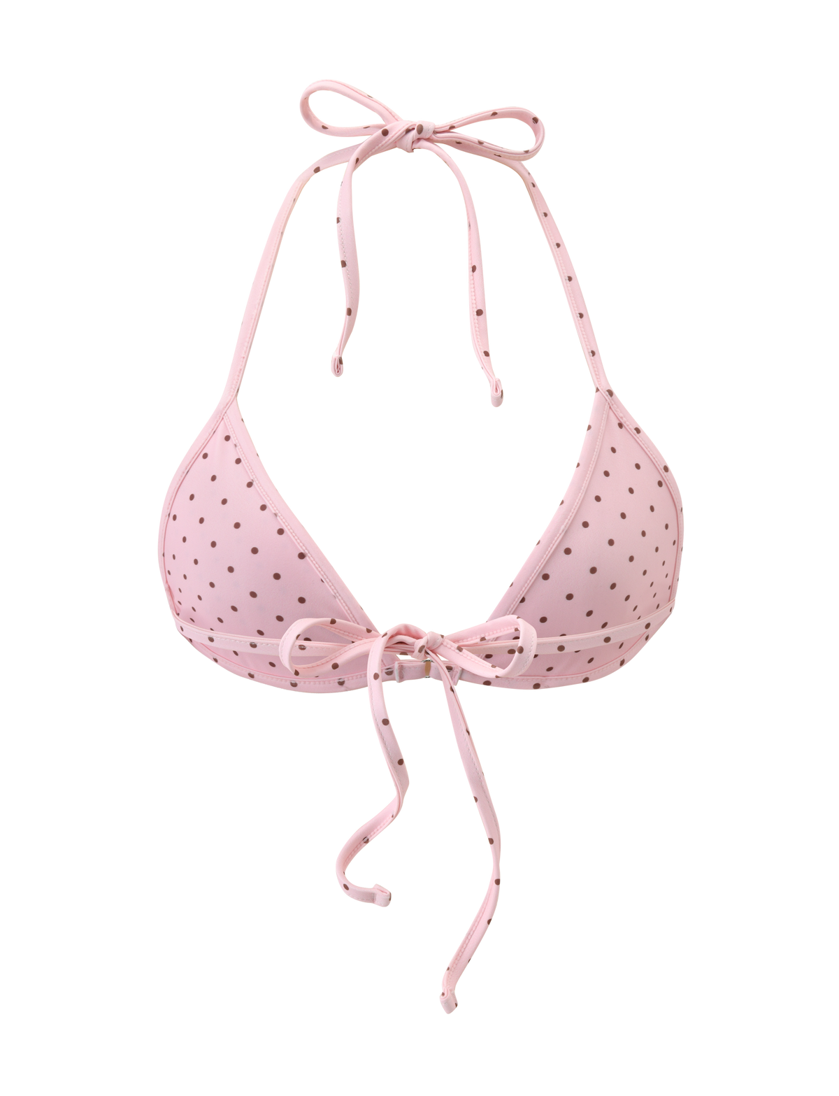 The TIGERMIST DIANA BIKINI TOP - PINK POLKA DOT features a classic triangle silhouette with adjustable neck and front ties, styled in light pink with black polka dots, shown on a plain white background.