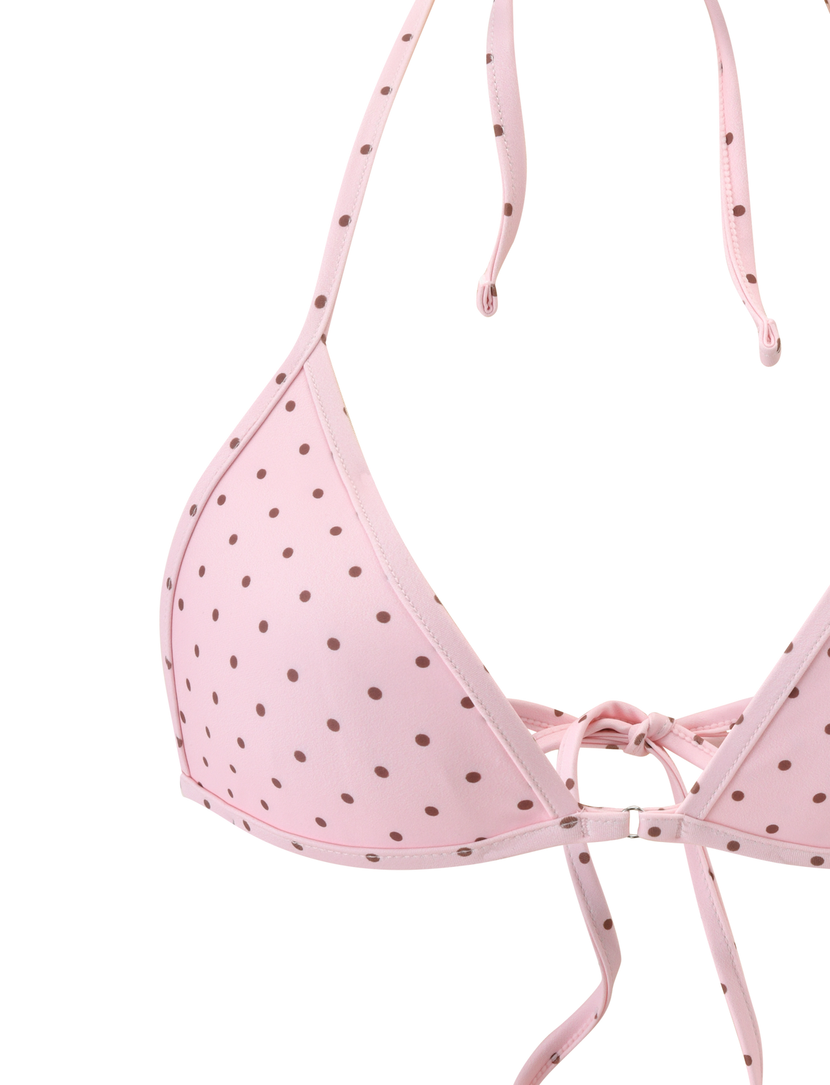 A close-up of the DIANA BIKINI TOP - PINK POLKA DOT by TIGERMIST, featuring adjustable neck and back straps, triangle bikini cups, polka dot print, and a cute bow detail at the center.