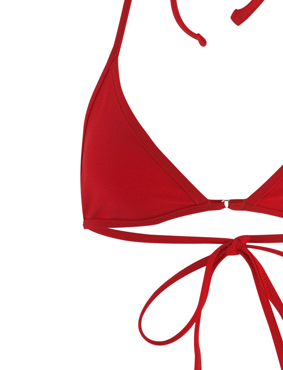 A close-up of the DIANA BIKINI TOP - RED/WHITE by TIGERMIST. This red bikini top features a triangle cup design and ties with strings at the back and around the neck. The fabric appears smooth, showcasing Tiger Mist's signature quality, with neatly tied strings forming a bow at the bottom center of the image.