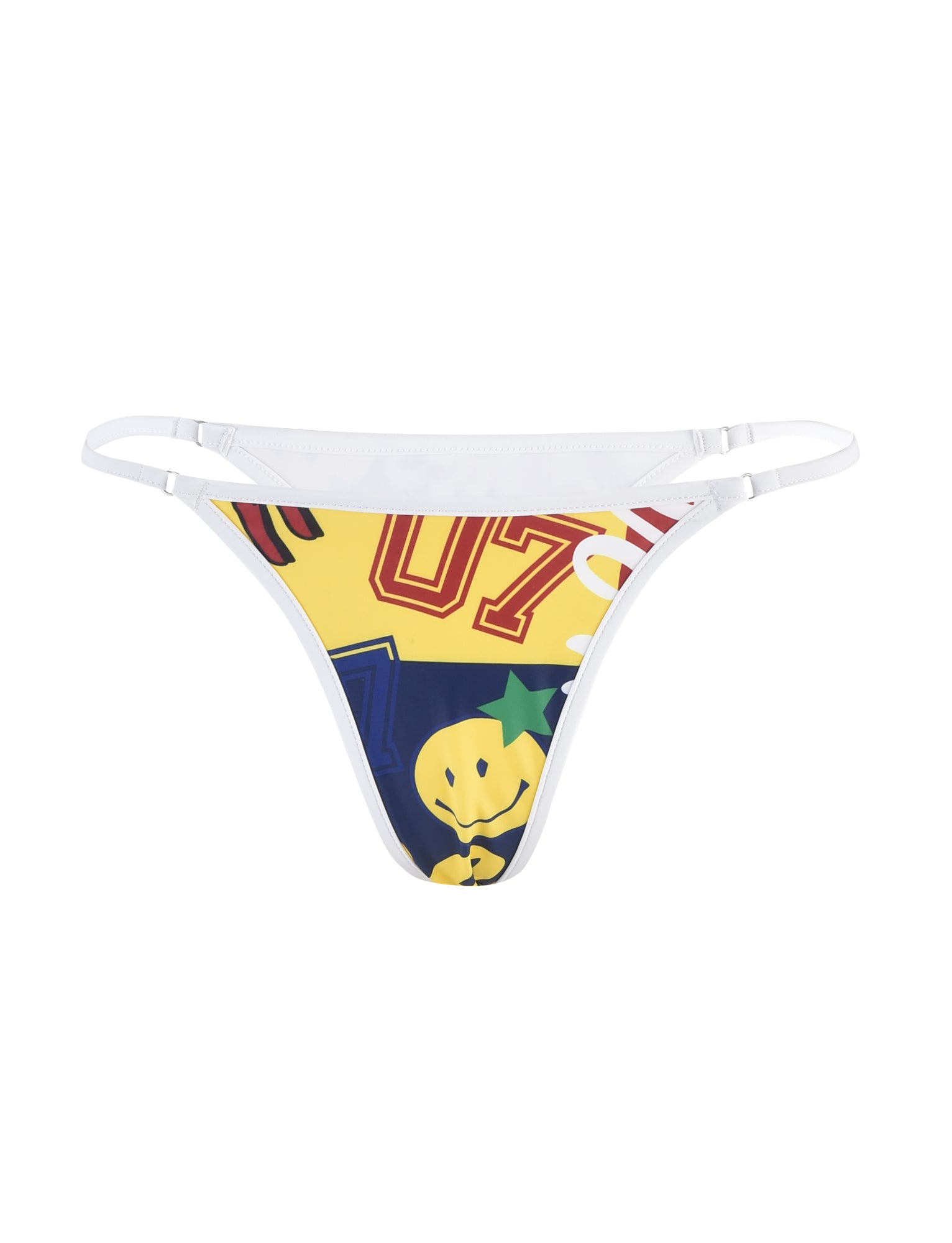The Tiger Mist DIANA Bikini Bottom in multi features a collage graphic print, including colorful abstract designs with yellow smiley faces, green stars, and red and blue numbers set against a pristine white background.