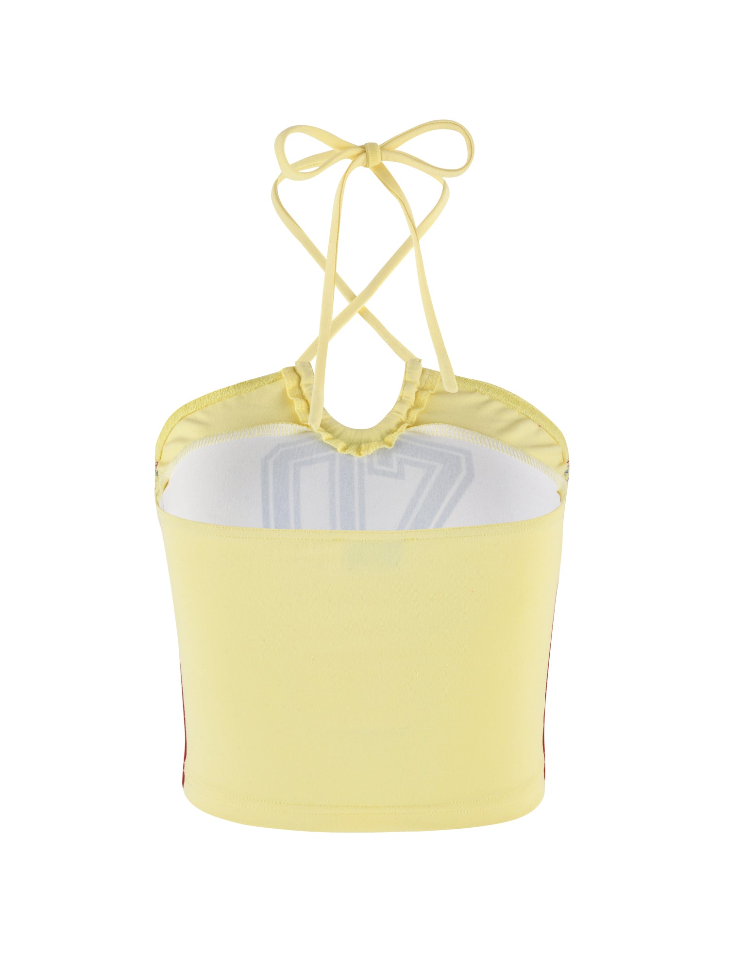 The KAIN TOP - YELLOW : LEMON by TIGERMIST is a light yellow halter neck top featuring a gathered neckline and thin straps that cross at the shoulders and tie at the back. This top boasts a fitted, stretchy design with an unpatterned, plain back.