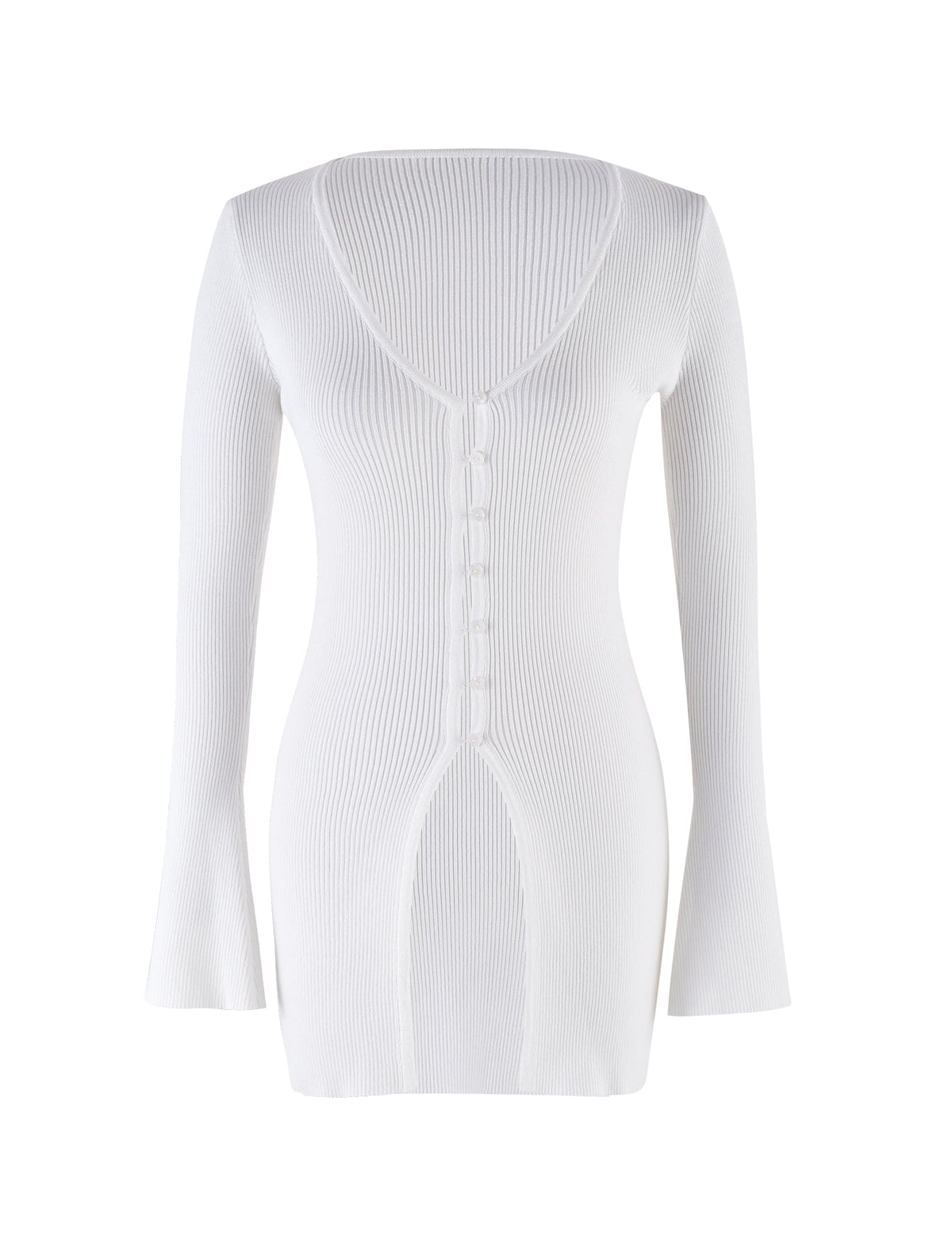 The Devon Cardigan by Tiger Mist is a white, long-sleeve ribbed knit dress featuring a deep V-neckline and button detailing down the front. This dress offers a fitted silhouette that extends to mid-thigh length, made from stretchy and comfortable material.