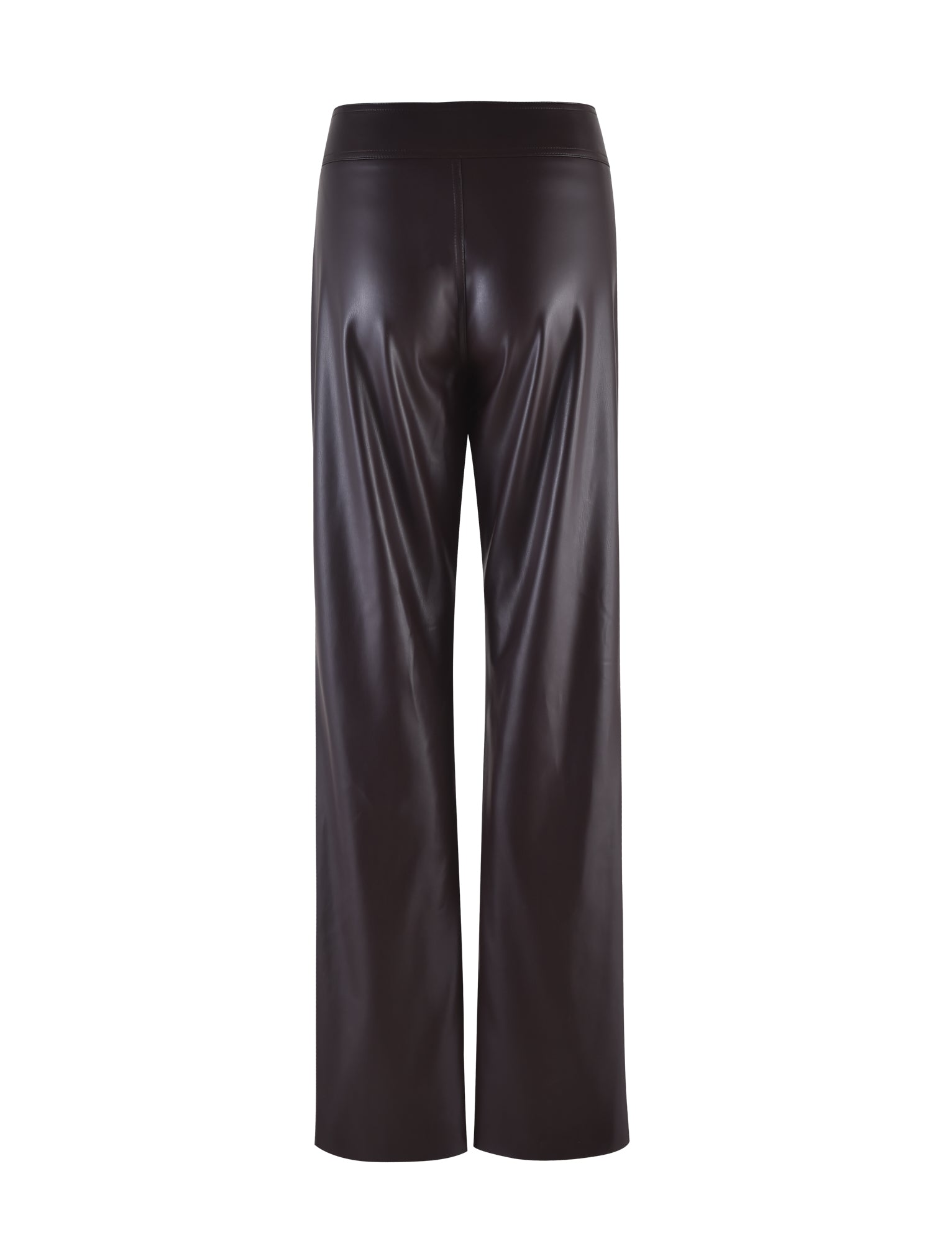 Rear view of brown faux leather pants with a smooth, shiny finish. The ABBIE PANT, from TIGERMIST, features a straight-leg design and is shown on a white background.