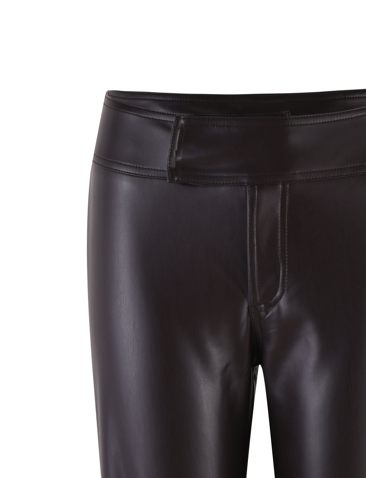 Close-up of a pair of brown, glossy leather pants from TigerMist on a white background, showcasing the waistband, belt loops, and front zipper detail. The Abbie Pants have a sleek, shiny finish and a tailored appearance.