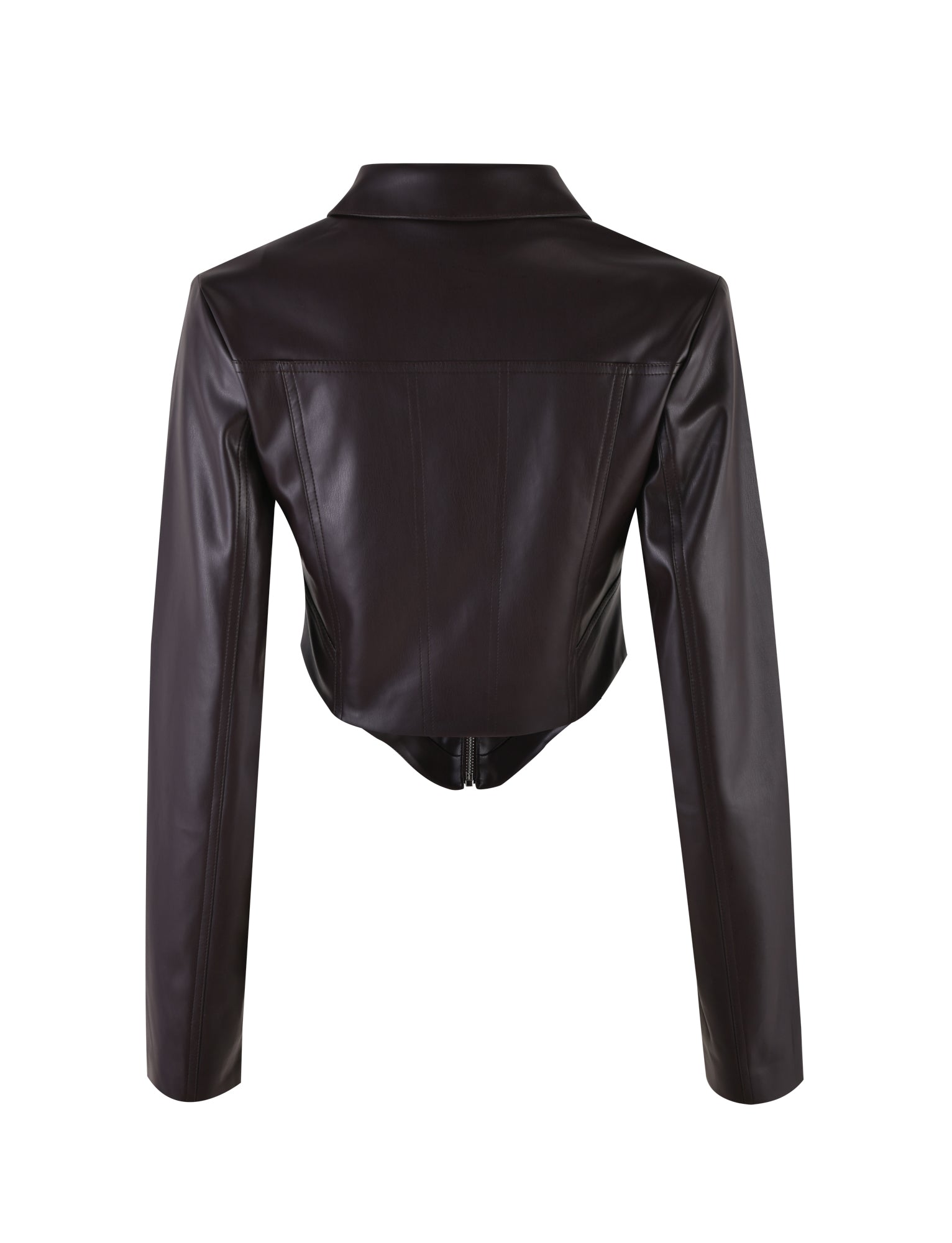 The ABBIE JACKET - BROWN by TIGERMIST is displayed from the back, showcasing its dark brown, sleek-finish leather. The design features long sleeves, a pointed collar, and a structured silhouette. The hemline is cut into a slight V shape at the back, giving it a stylish and modern touch.