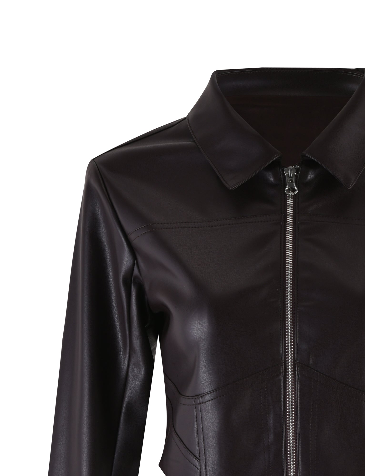 Close-up of the ABBIE JACKET - BROWN from TIGERMIST, featuring a dark brown leather finish with a zip-up front and a structured collar. The background is plain white, highlighting only the upper portion of this stylish piece.