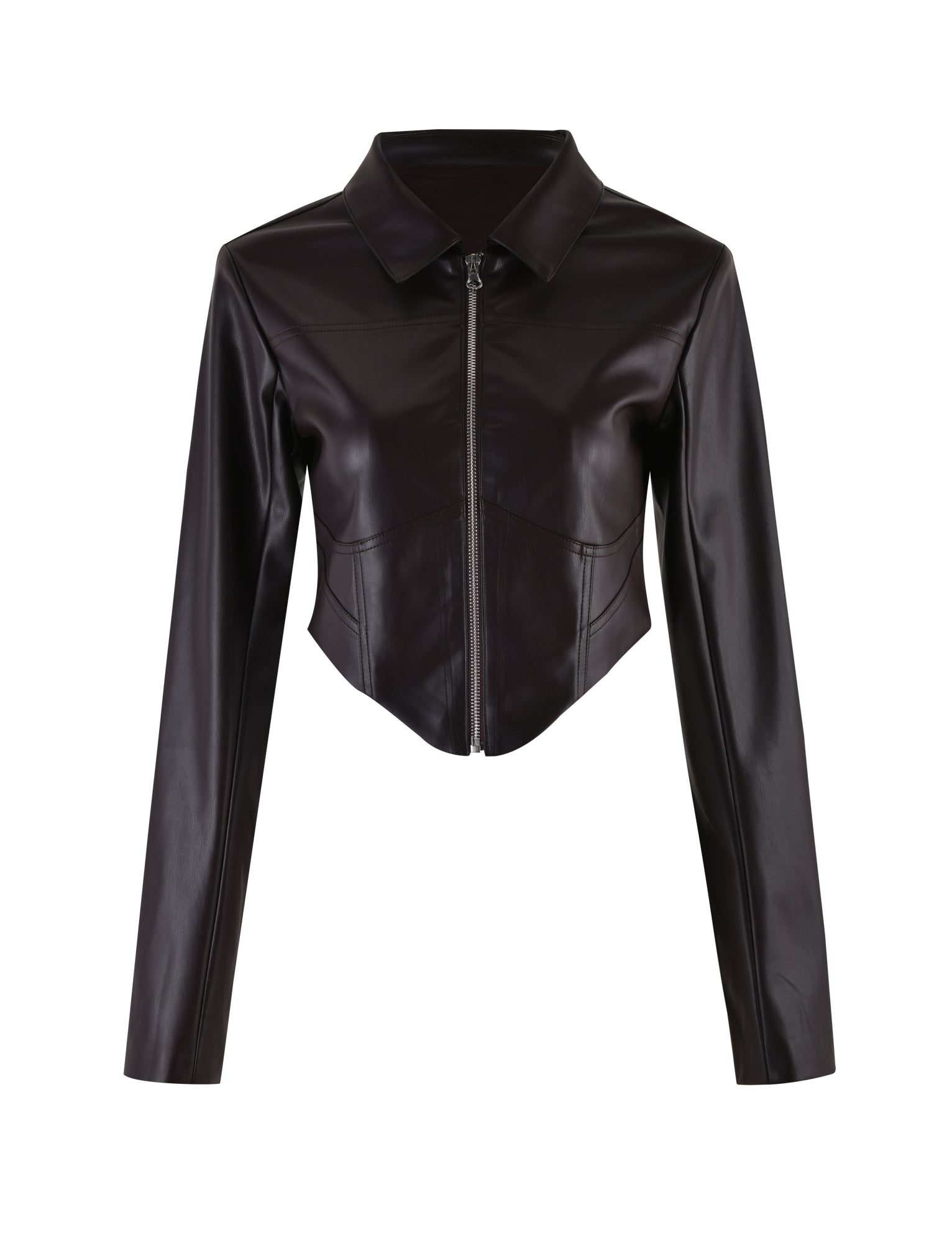 The ABBIE JACKET from TIGERMIST is a sleek, brown, faux leather jacket featuring long sleeves, a front zipper, and a pointed collar. It has a fitted waist and a slightly cropped length, giving it a modern, edgy look.