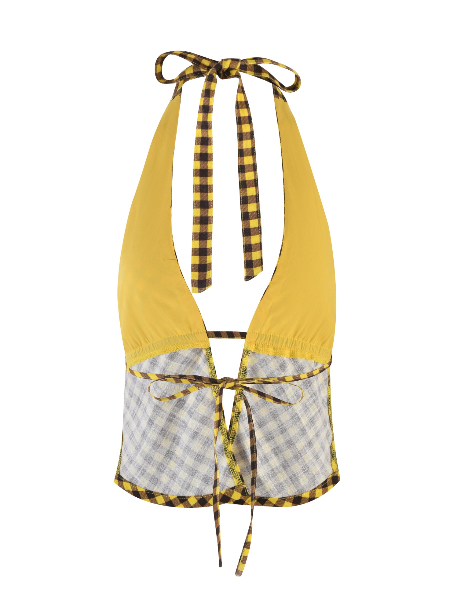 The NICOLA TOP - YELLOW : CHECK by Tiger Mist features a mix of yellow, black, and white checkered patterns. This halter top ties at the neck and back with matching checkered straps and showcases yellow fabric on the upper section along with a light plaid design on the lower section.