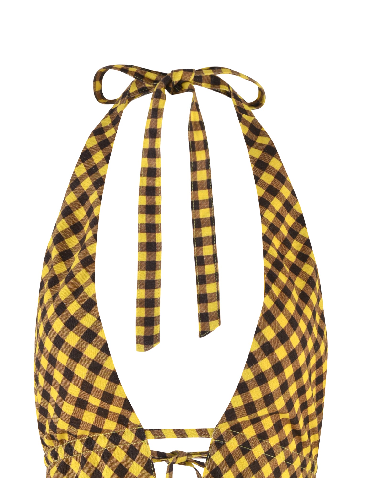 A close-up image of the NICOLA TOP - YELLOW : CHECK from TIGERMIST showcases a halter neck bikini top featuring a tie at the neck, with straps that form a bow. The classic checkered design consists of alternating yellow and black squares.