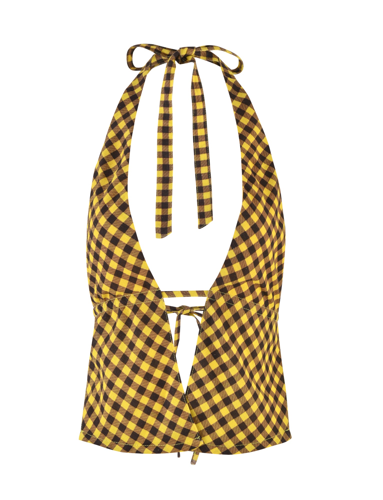 The NICOLA TOP - YELLOW : CHECK by TIGERMIST is a stylish brown and yellow checkered halter top featuring a bow tie closure at the neck and a subtle keyhole cutout at the bust. It boasts a fitted bodice and sleeveless design, perfect for any fashionable wardrobe.