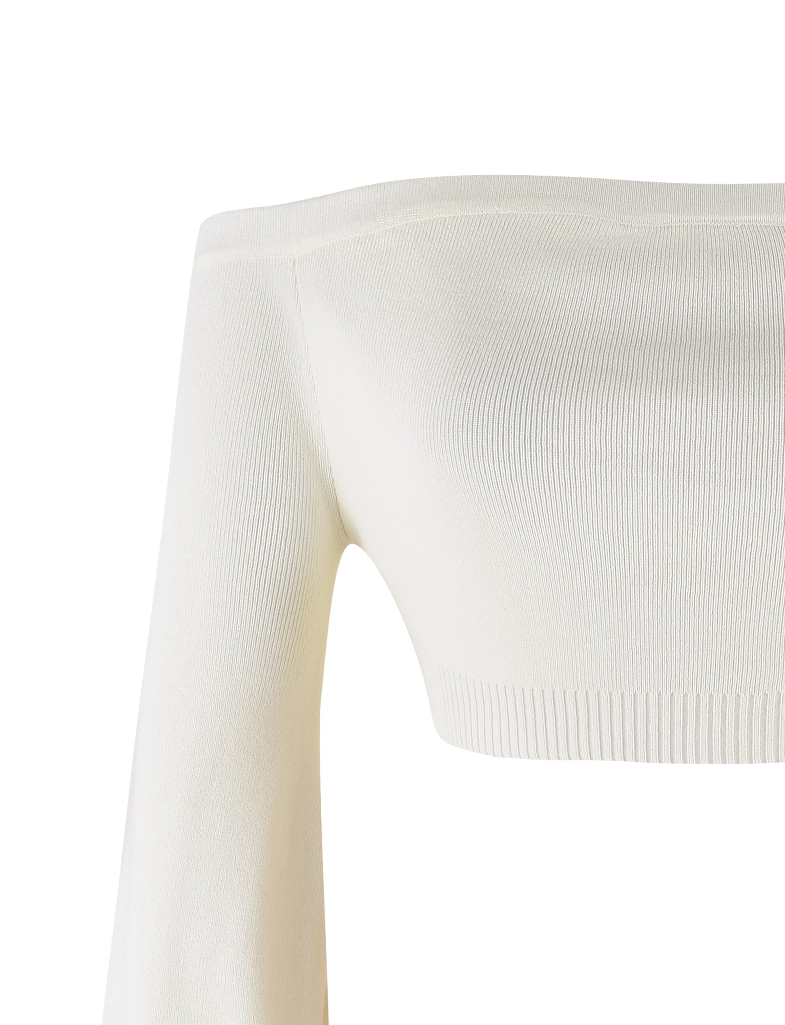 Close-up of the MARIYAH JUMPER - NEUTRAL: CREAM from TIGERMIST. This ivory off-the-shoulder long-sleeve top showcases ribbed detailing around the neckline, cuffs, and hem. Crafted from a fine knit fabric, it offers a snug and elegant appearance. Only the upper part of the jumper is visible in the image.