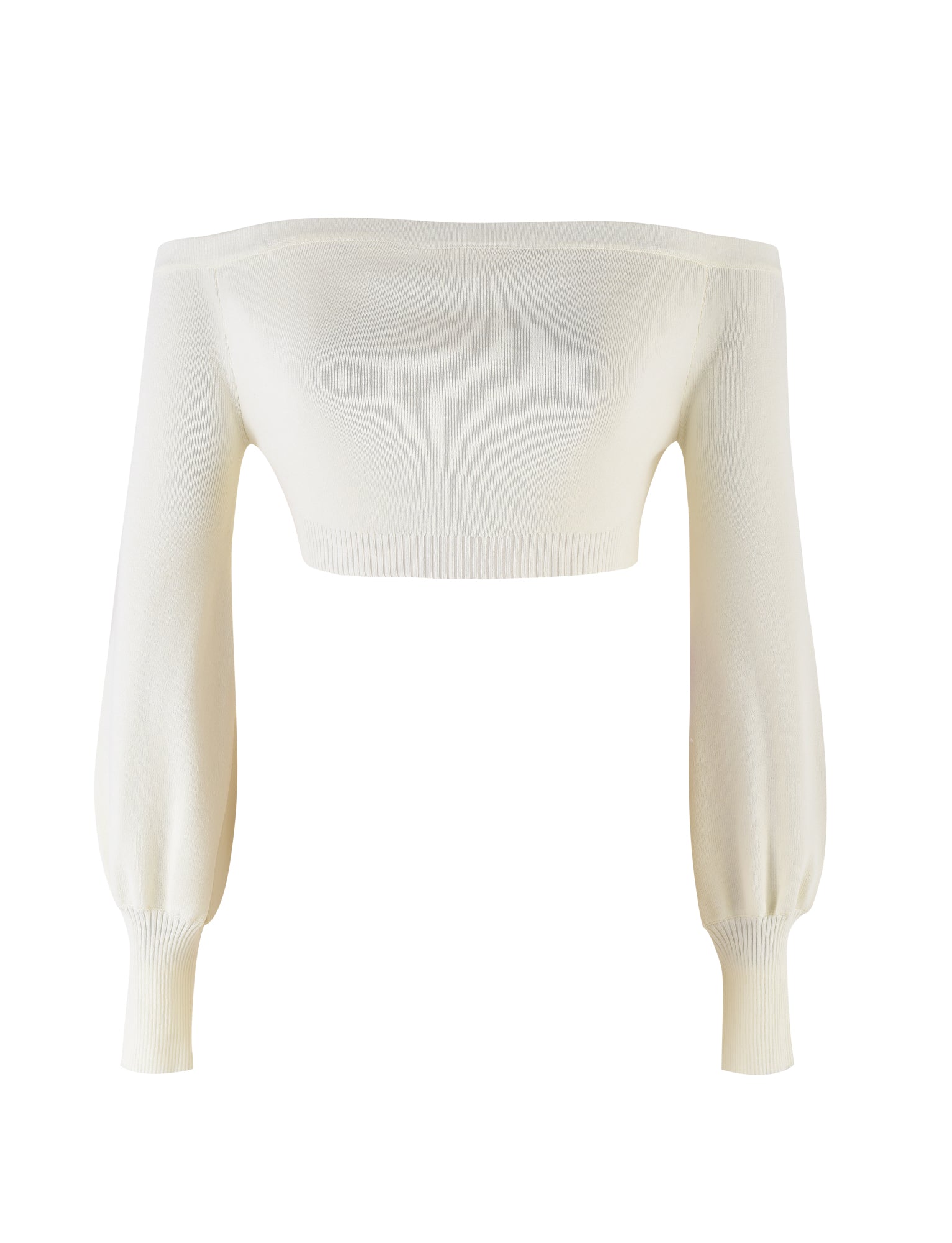 Image of the Mariyah Jumper in neutral cream from TigerMist. This off-the-shoulder cropped sweater features long sleeves with a ribbed texture at the cuffs and hem, providing a fitted look. The fabric appears to be lightweight and stretchy. The background is plain white.
