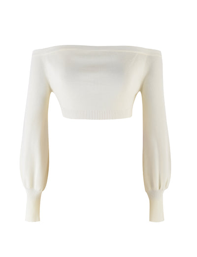Image of the Mariyah Jumper in neutral cream from TigerMist. This off-the-shoulder cropped sweater features long sleeves with a ribbed texture at the cuffs and hem, providing a fitted look. The fabric appears to be lightweight and stretchy. The background is plain white.