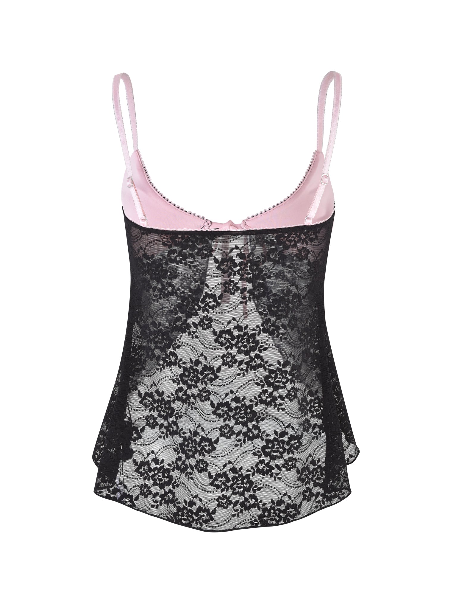 Introducing the Melanie Top by Tiger Mist, a delicate lingerie piece featuring adjustable pink straps and intricate lace details. This elegant top boasts a black floral lace overlay with a scalloped edge and sheer design, offering an effortlessly feminine appearance.