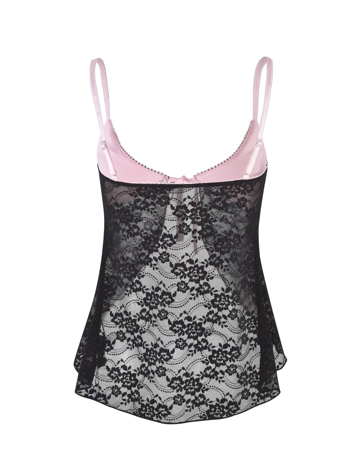 Introducing the Melanie Top by Tiger Mist, a delicate lingerie piece featuring adjustable pink straps and intricate lace details. This elegant top boasts a black floral lace overlay with a scalloped edge and sheer design, offering an effortlessly feminine appearance.