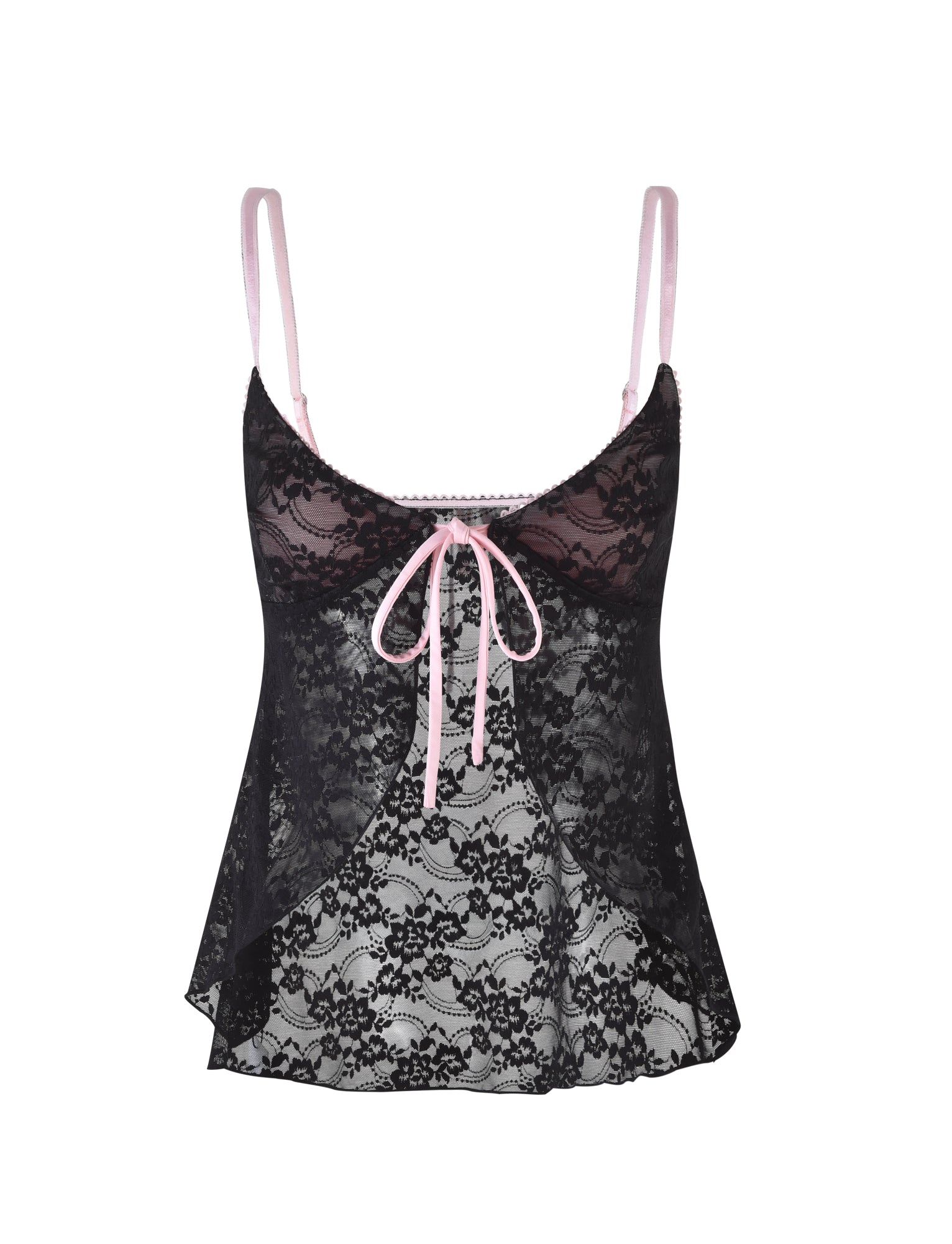 The MELANIE TOP - BLACK from TIGERMIST features a black lace design with a sheer floral pattern and light pink straps. This top is adorned with a decorative pink ribbon tied at the center front, accentuating its delicate, feminine design. The camisole offers a soft, flowy structure for added elegance.
