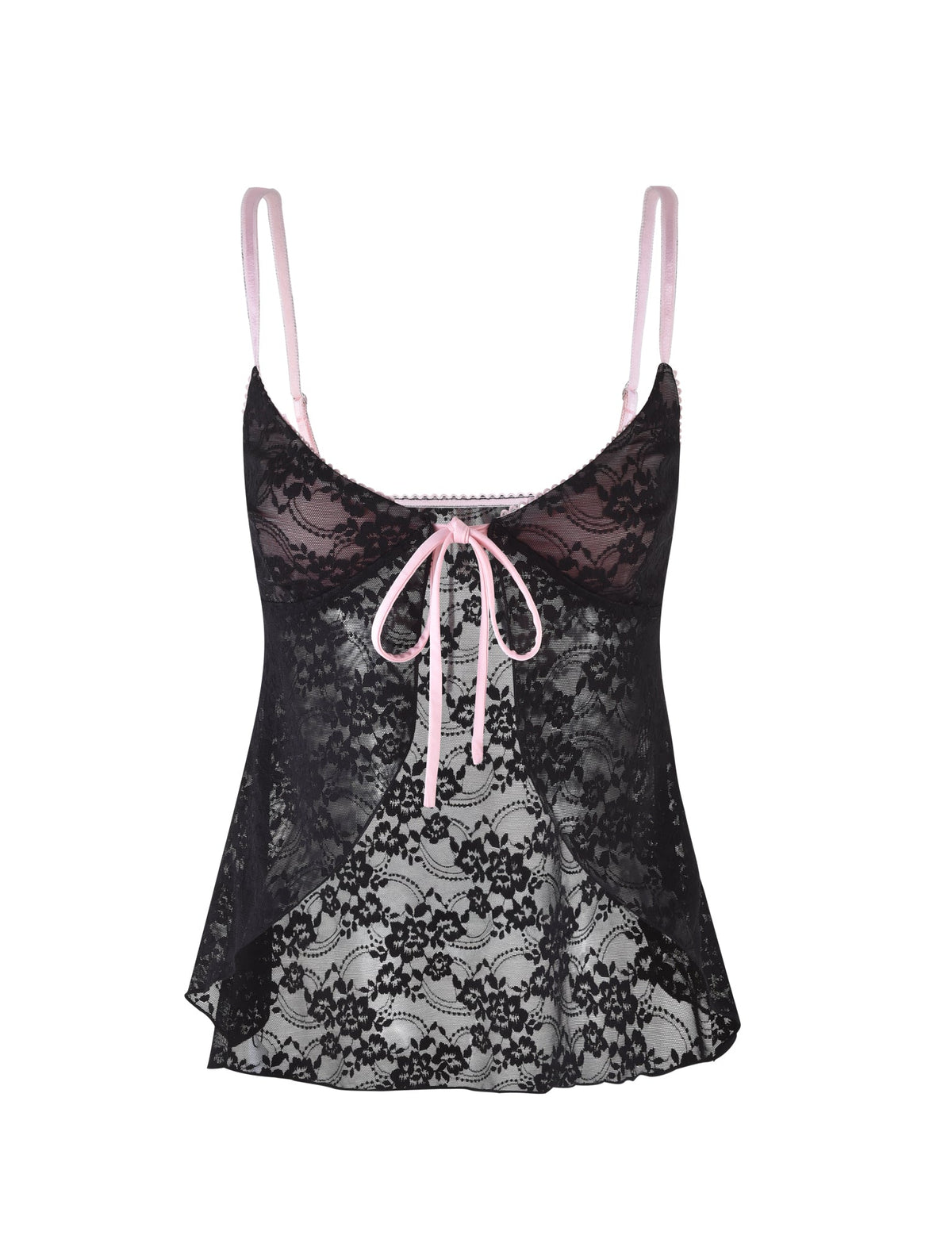 The MELANIE TOP - BLACK from TIGERMIST features a black lace design with a sheer floral pattern and light pink straps. This top is adorned with a decorative pink ribbon tied at the center front, accentuating its delicate, feminine design. The camisole offers a soft, flowy structure for added elegance.