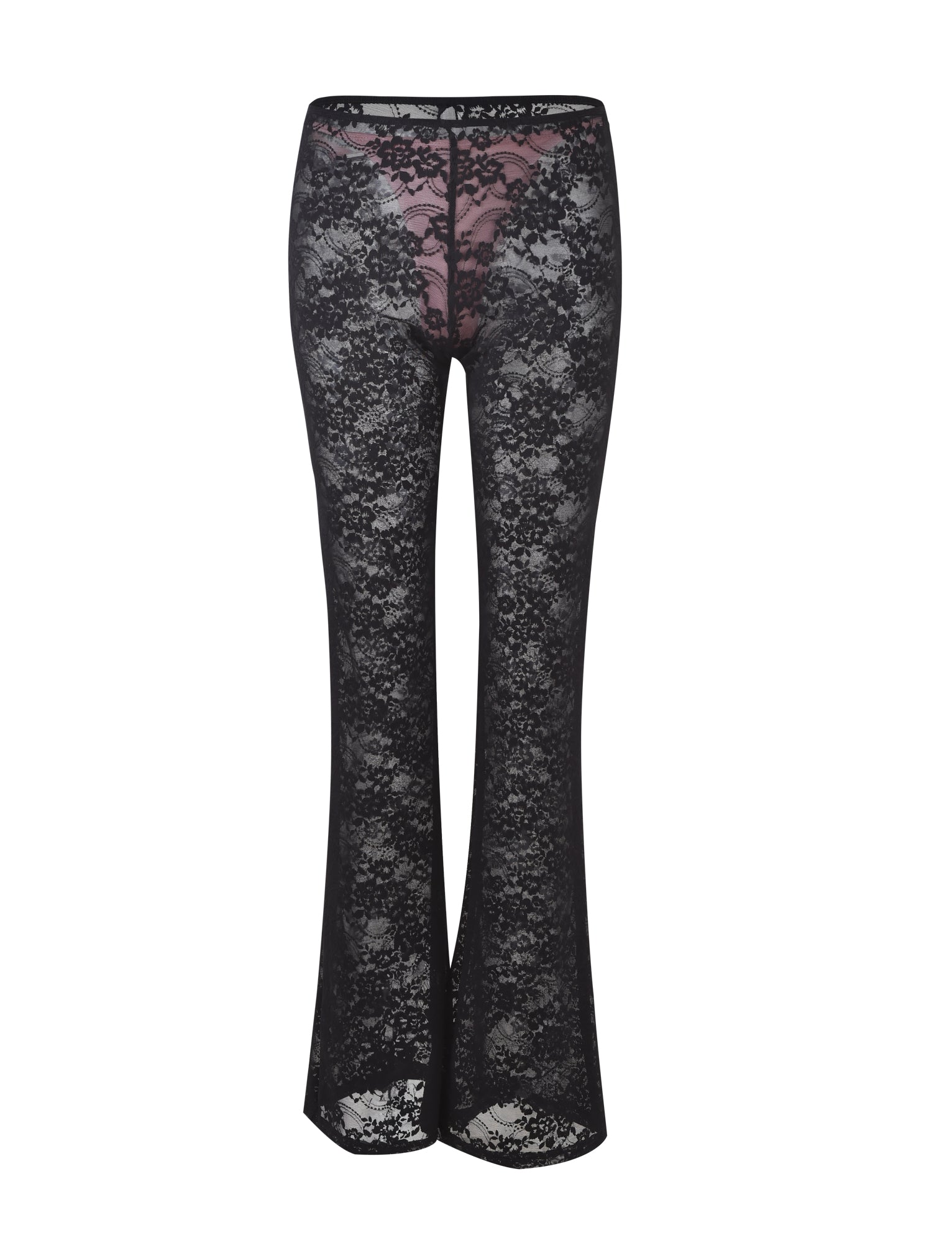 The MELANIE PANT - BLACK from TIGERMIST features a see-through floral lace pattern. These black lace pants have a fitted design with slightly flared legs, revealing a hint of underlying pink fabric or lining through the intricate lace details. The overall style is both elegant and decorative.