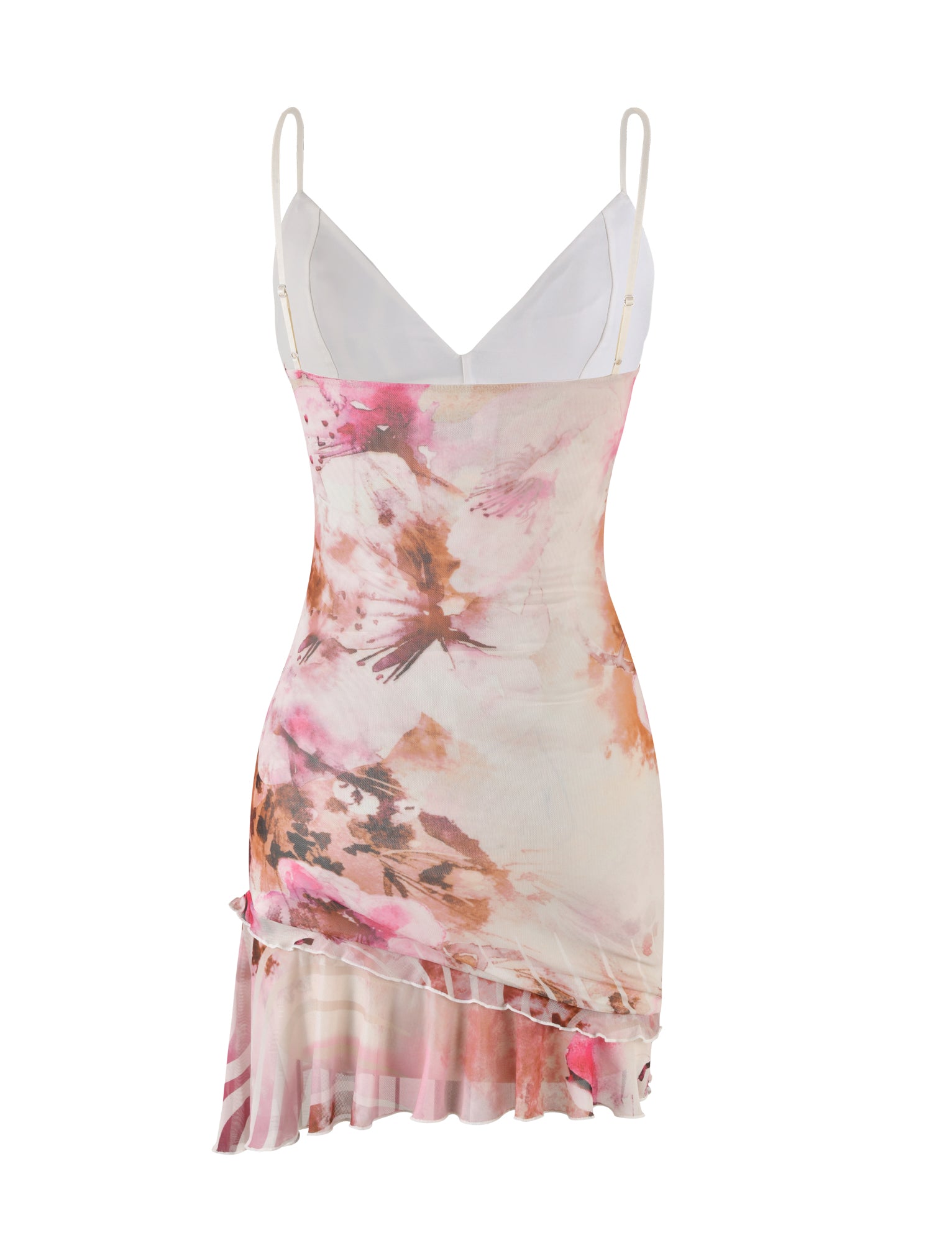 The CARLY DRESS - MULTI : FLORAL from TIGERMIST is a sleeveless floral dress with thin straps and a V-neckline. This dress features a predominantly white background adorned with pink and brown floral patterns, complemented by an asymmetrical ruffle hemline.