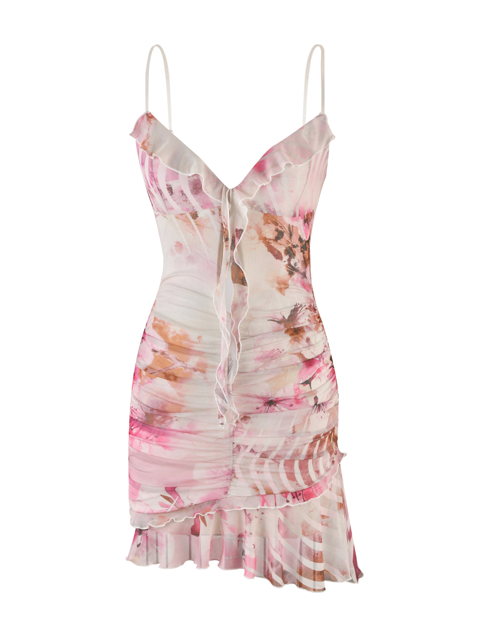 Introducing the Carly Dress - Multi : Floral by TIGERMIST. This sleeveless, bodycon mini dress features a vibrant abstract pattern in pink, white, and light brown. It boasts thin spaghetti straps, a plunging V-neckline with slight ruffle details, a ruched design, and an asymmetrical ruffled hem.