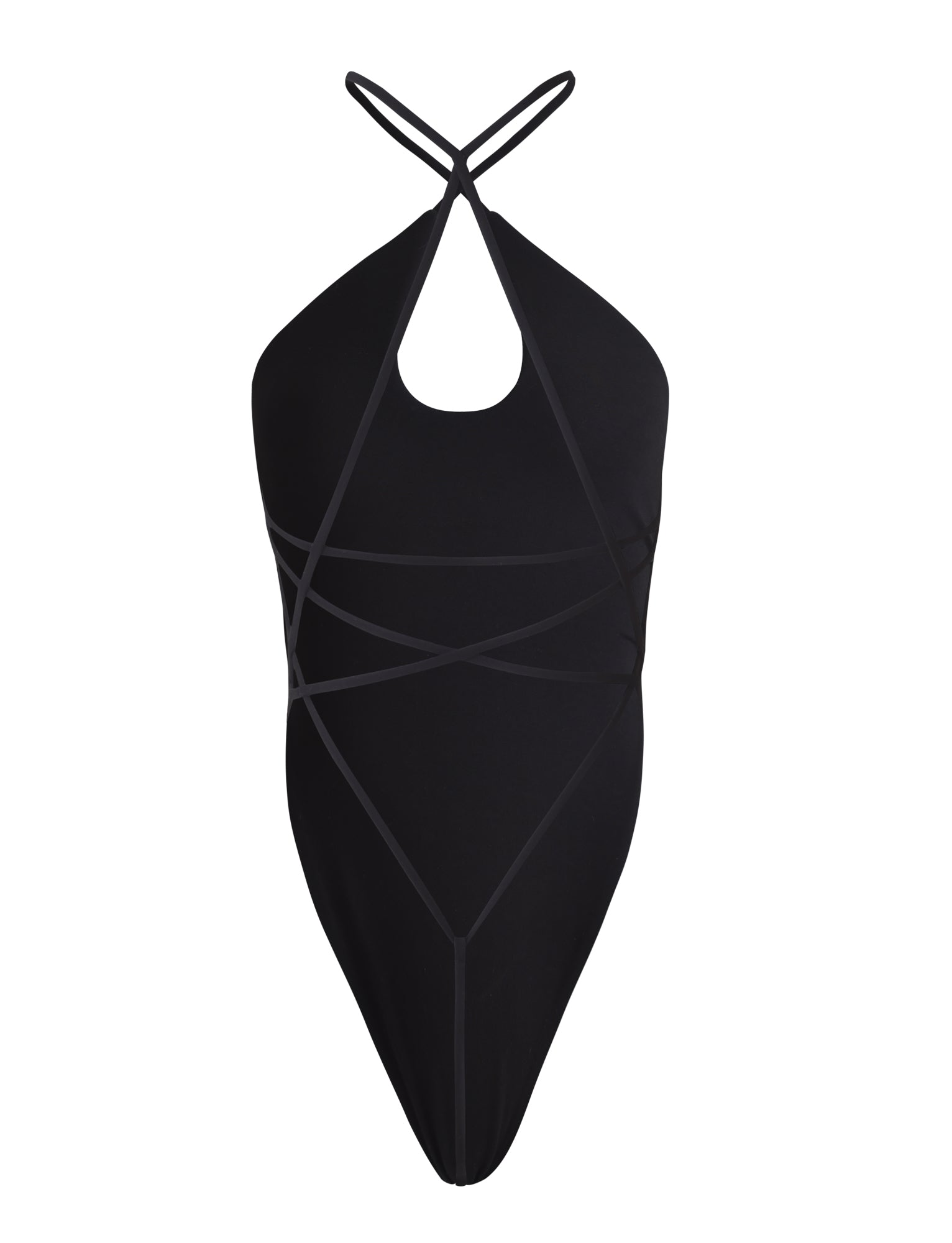 The SHAUNA BODYSUIT - BLACK from TIGERMIST is a stylish one-piece swimsuit with a halter neck design, featuring thin crisscross straps on the front and a small keyhole cutout just below the neckline, giving it a sleek and modern look.