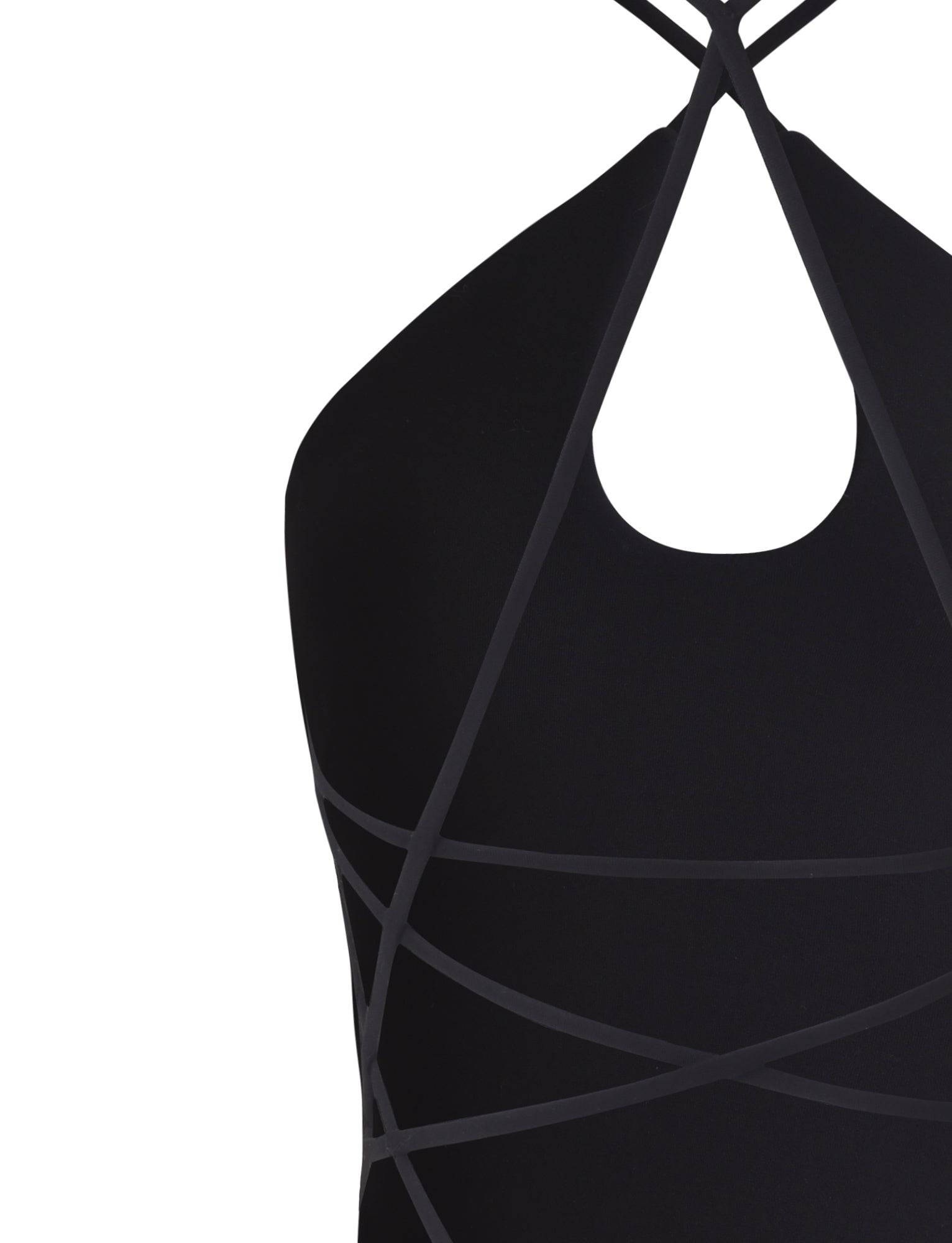 Close-up of the SHAUNA BODYSUIT - BLACK from TIGERMIST featuring intricate thin cross-straps forming a web-like pattern on the back and sides. The fabric appears smooth and fitted, highlighting the modern and stylish design of this bodysuit.
