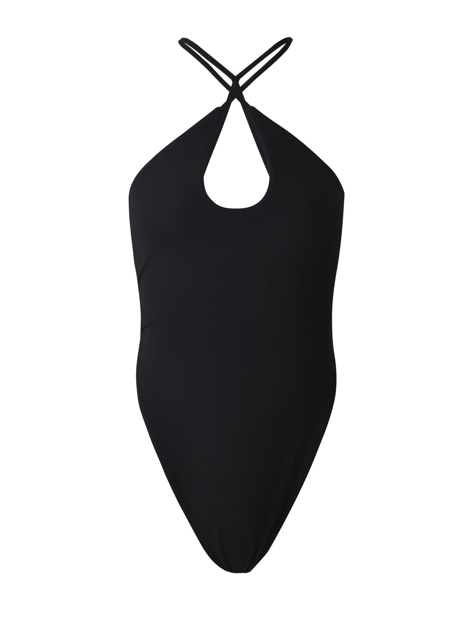The SHAUNA BODYSUIT - BLACK by TIGERMIST features a sleek halter neck design. It boasts a keyhole cutout below the neckline and crisscrossing straps at the neck, with fabric that appears smooth and form-fitting.