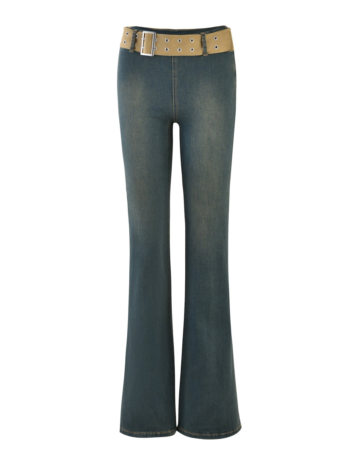 A pair of ISABEL JEANS in denim blue from TIGERMIST, featuring a light brown belt with a large metal buckle and multiple eyelets. These flared jeans have a worn-in, casual appearance with subtle fading on the thighs and knees.
