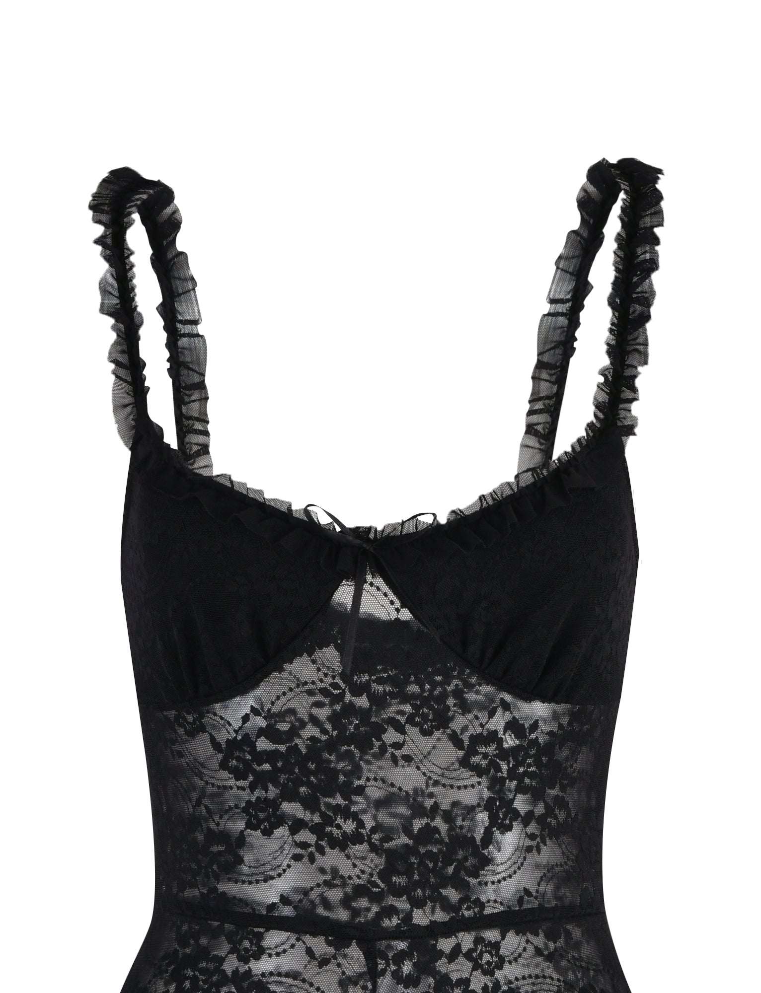 A close-up view of the DEJA JUMPSUIT - BLACK : LACE by TIGERMIST. This elegant piece features delicate ruffled straps and semi-sheer lace fabric adorned with floral patterns, while a small bow at the center of the neckline adds a feminine touch to the garment.