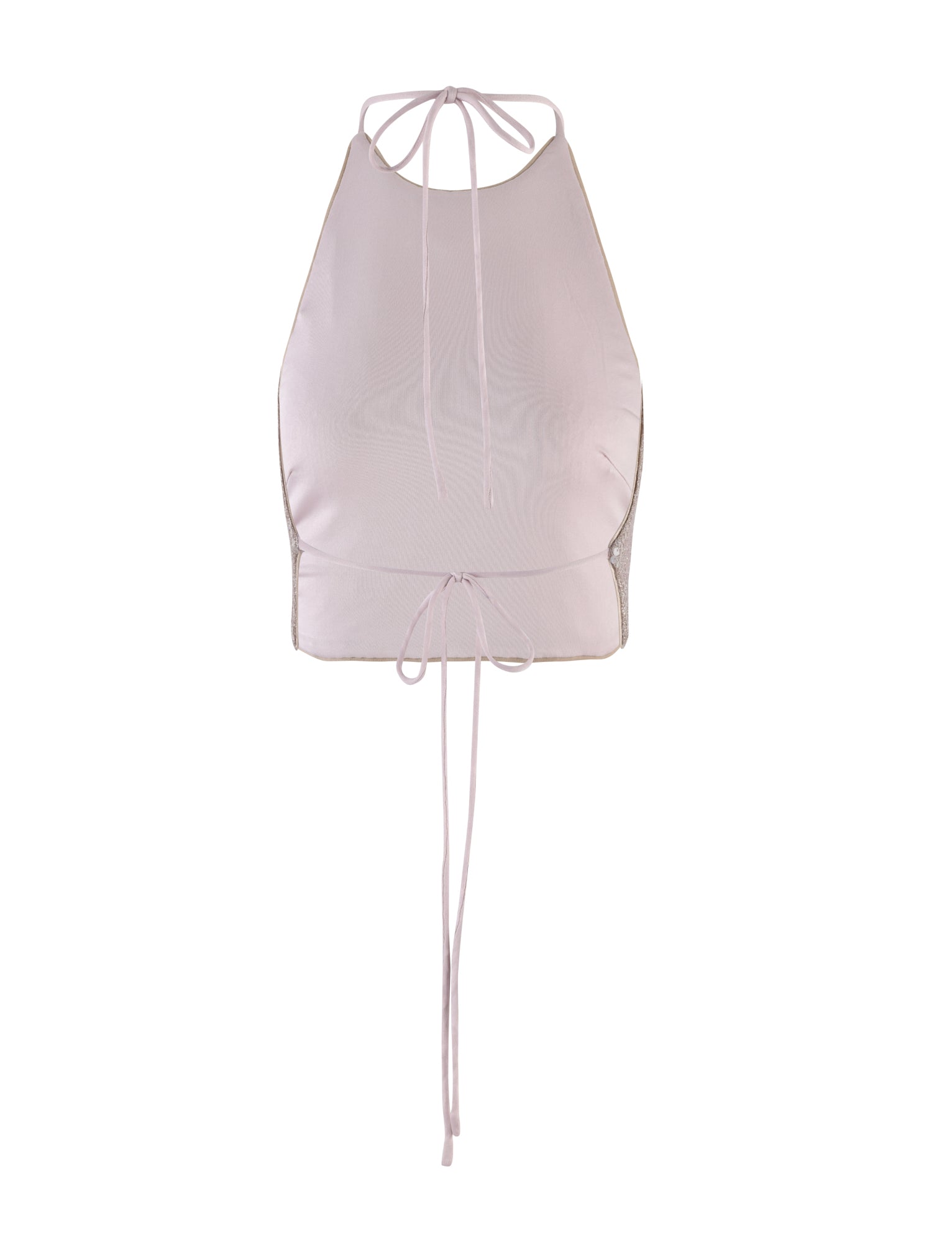 A rose gold sequin halter top from TIGERMIST with a lace-up detail in the back. The fabric is smooth with a subtle shine. It features thin straps that tie around the neck and back, creating an open-back design. Perfect for summer wear or a night out.