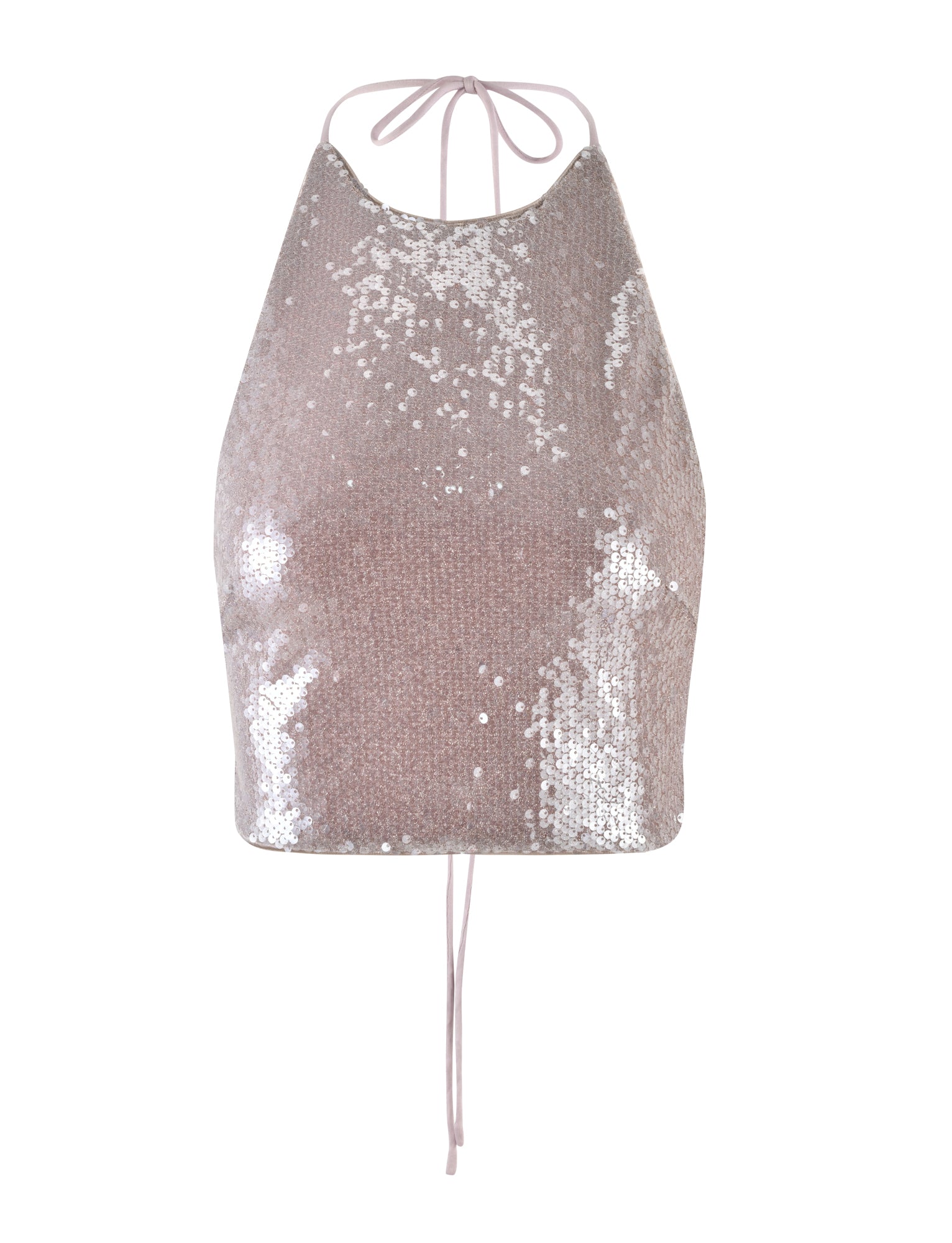 Introducing the ASTRAEA TOP in rose gold sequin from TIGERMIST. This sleeveless halter top features a high neckline with a tie closure at the back of the neck and another tie at the lower back. The sequins create a stunning, shiny, and reflective surface.