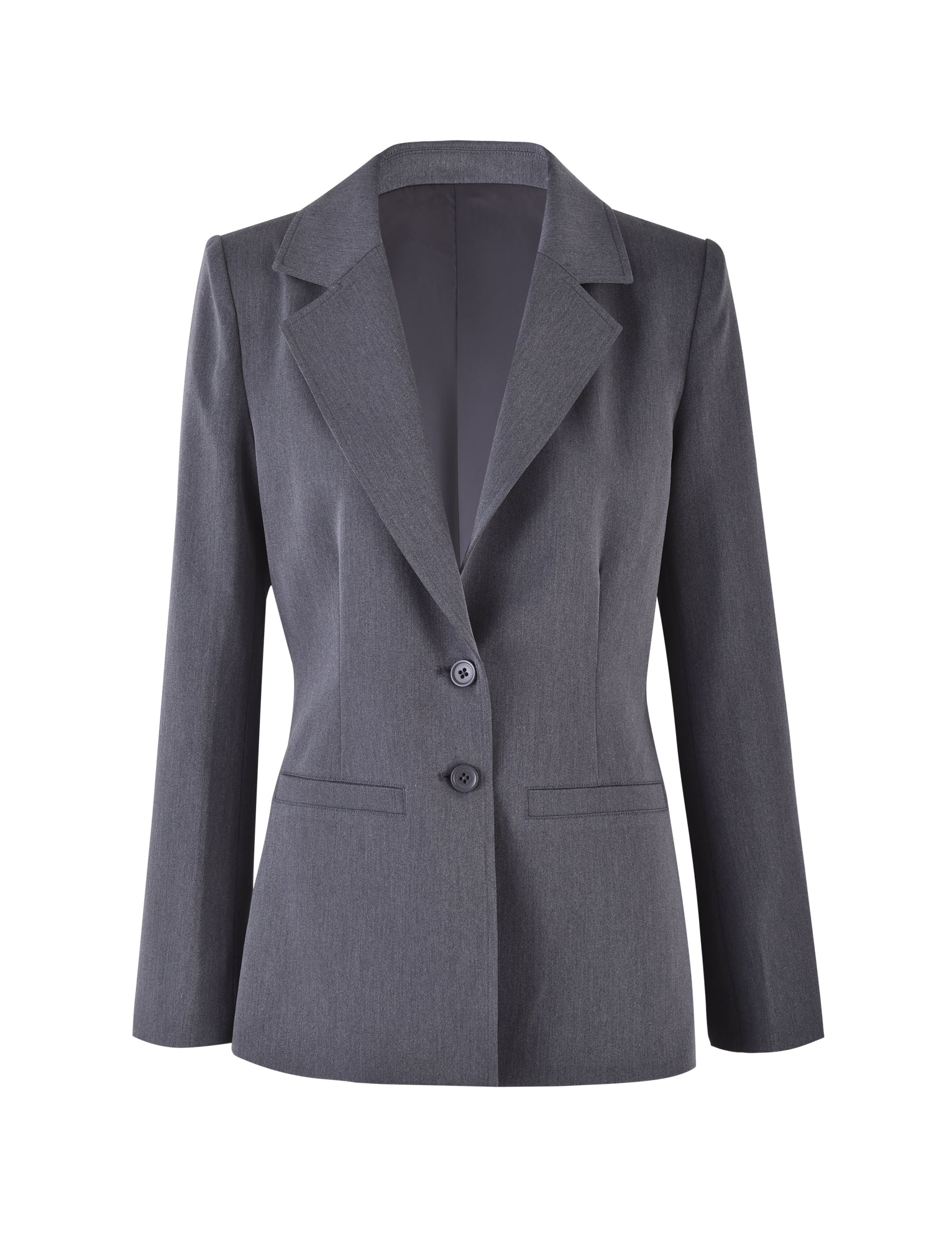 Introducing the NADINE JACKET - GREY : SLATE by TIGERMIST, a sophisticated women's blazer that features a classic design with a notched lapel collar, two front buttons, and long sleeves. This tailored fit blazer is equipped with two front flap pockets, making it an excellent choice for professional or formal occasions.