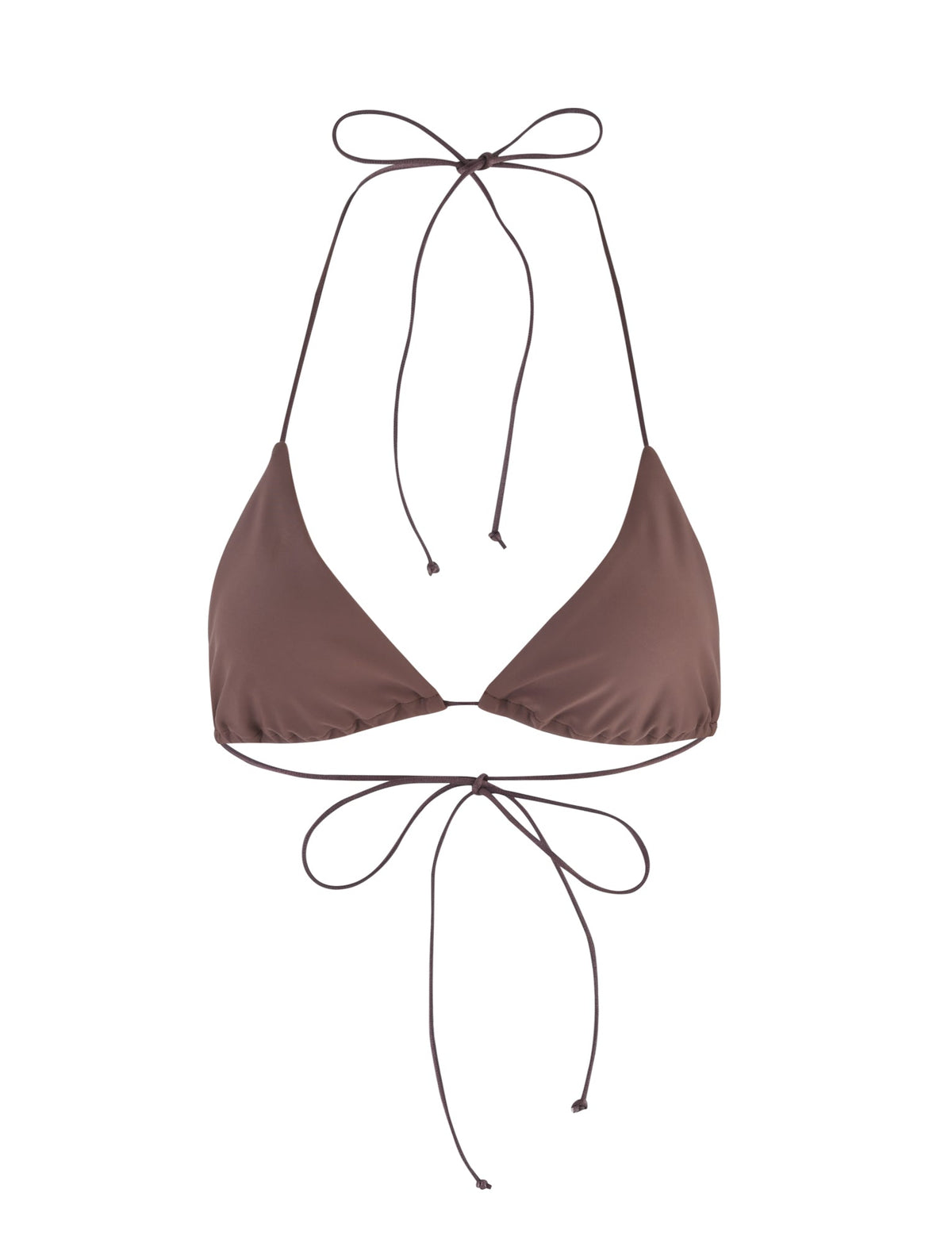 The image displays the KRYZE BIKINI TOP - BROWN : CHOCOLATE from TIGERMIST, featuring a minimalist design with thin straps for tying around the neck and back, forming two bows.