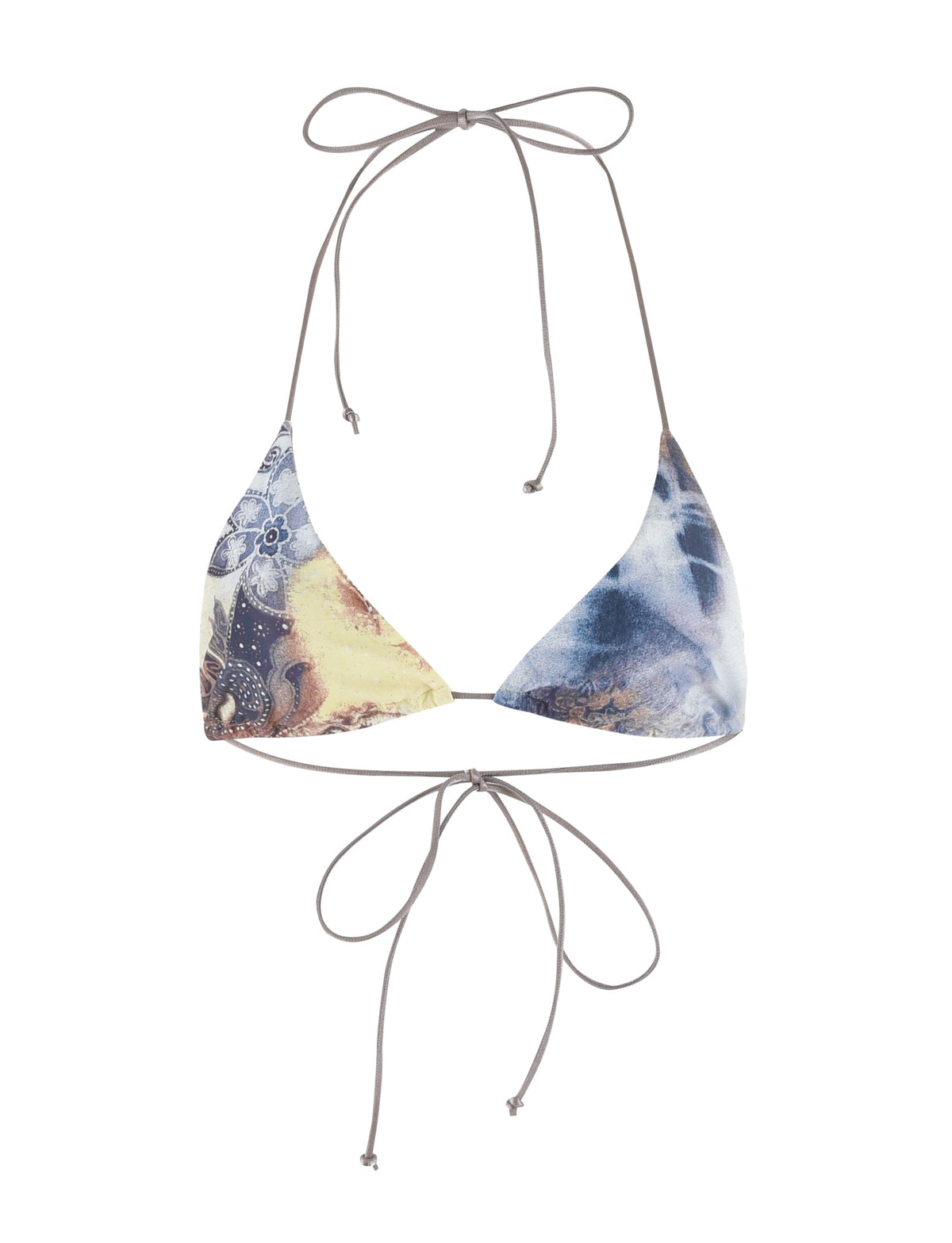 A close-up of a TIGERMIST KRYZE BIKINI TOP - MULTI: TIE DYE: PAISLEY TIE DYE garment.